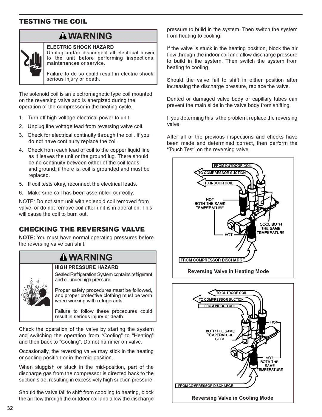 Friedrich 000 BTU'S, 9 service manual Testing the Coil, Checking the Reversing Valve 