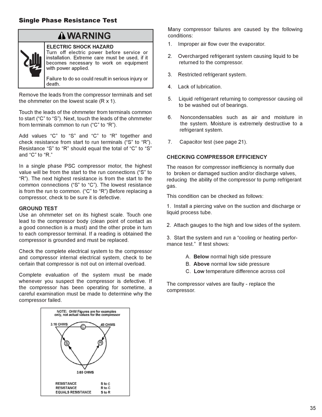 Friedrich 9, 000 BTU'S service manual Single Phase Resistance Test, Ground Test, Checking Compressor Efficiency 