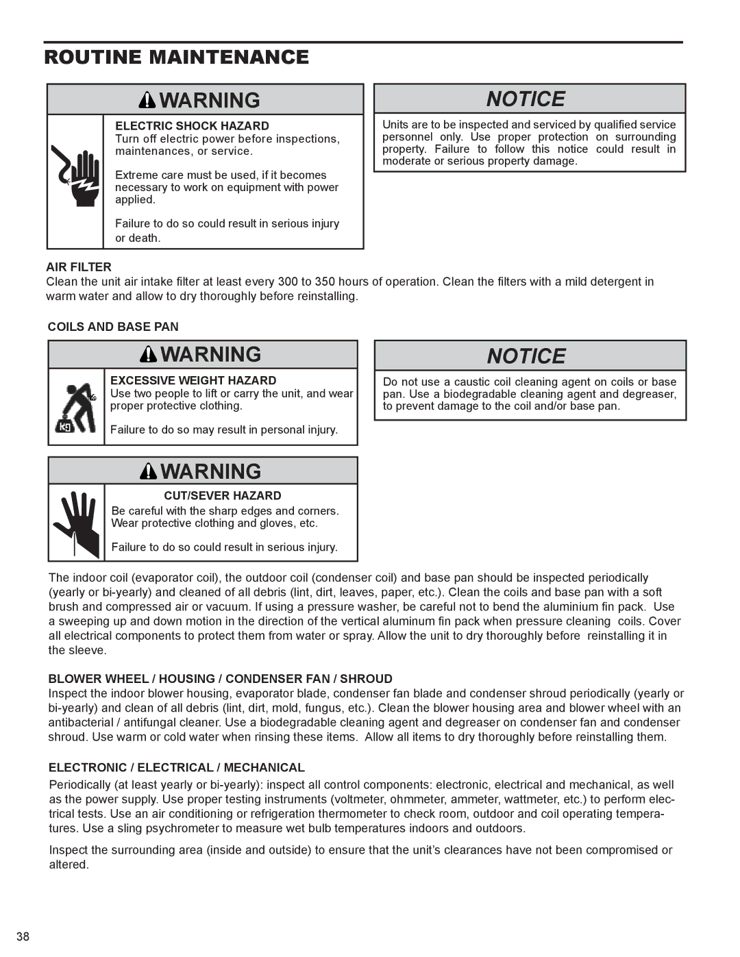 Friedrich 000 BTU'S, 9 service manual Routine Maintenance, AIR Filter, Coils and Base PAN Excessive Weight Hazard 