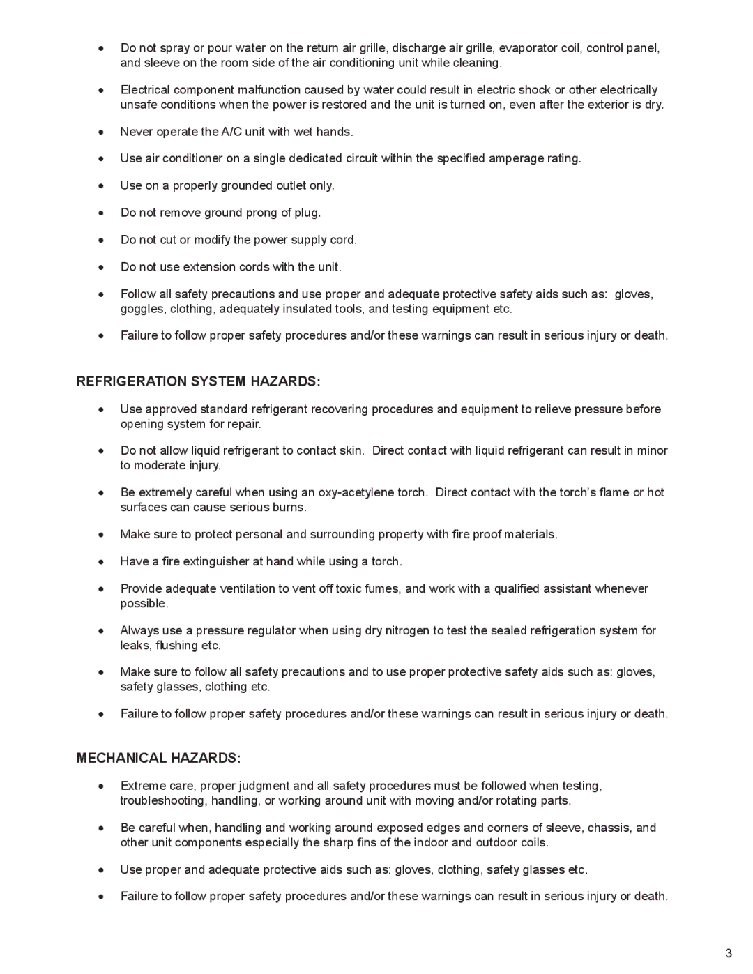 Friedrich 9, 000 BTU'S service manual Refrigeration System Hazards 