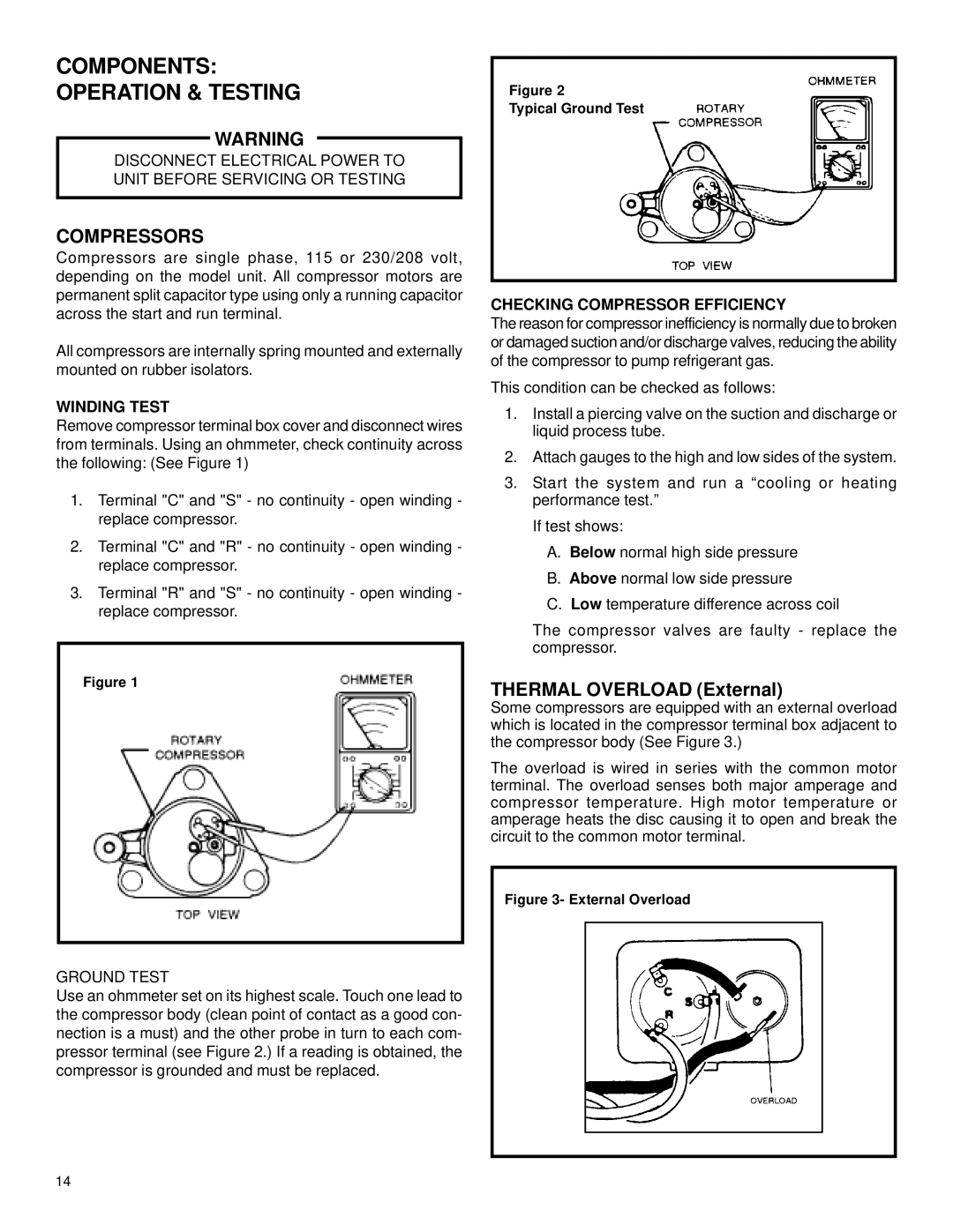 Friedrich 2003 service manual Thermal Overload External, Winding Test, Checking Compressor Efficiency 