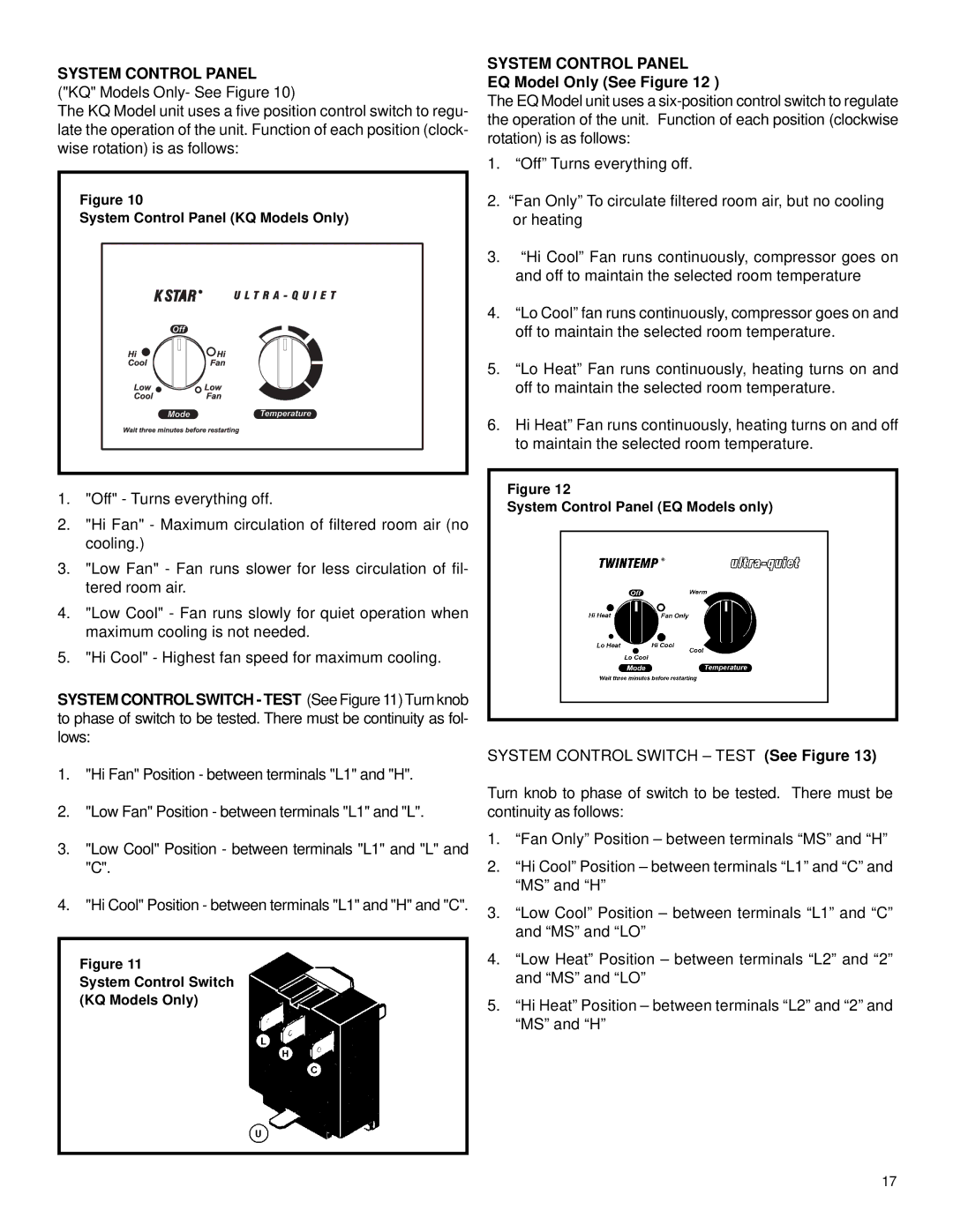 Friedrich 2003 service manual System Control Panel KQ Models Only- See Figure, EQ Model Only See Figure 