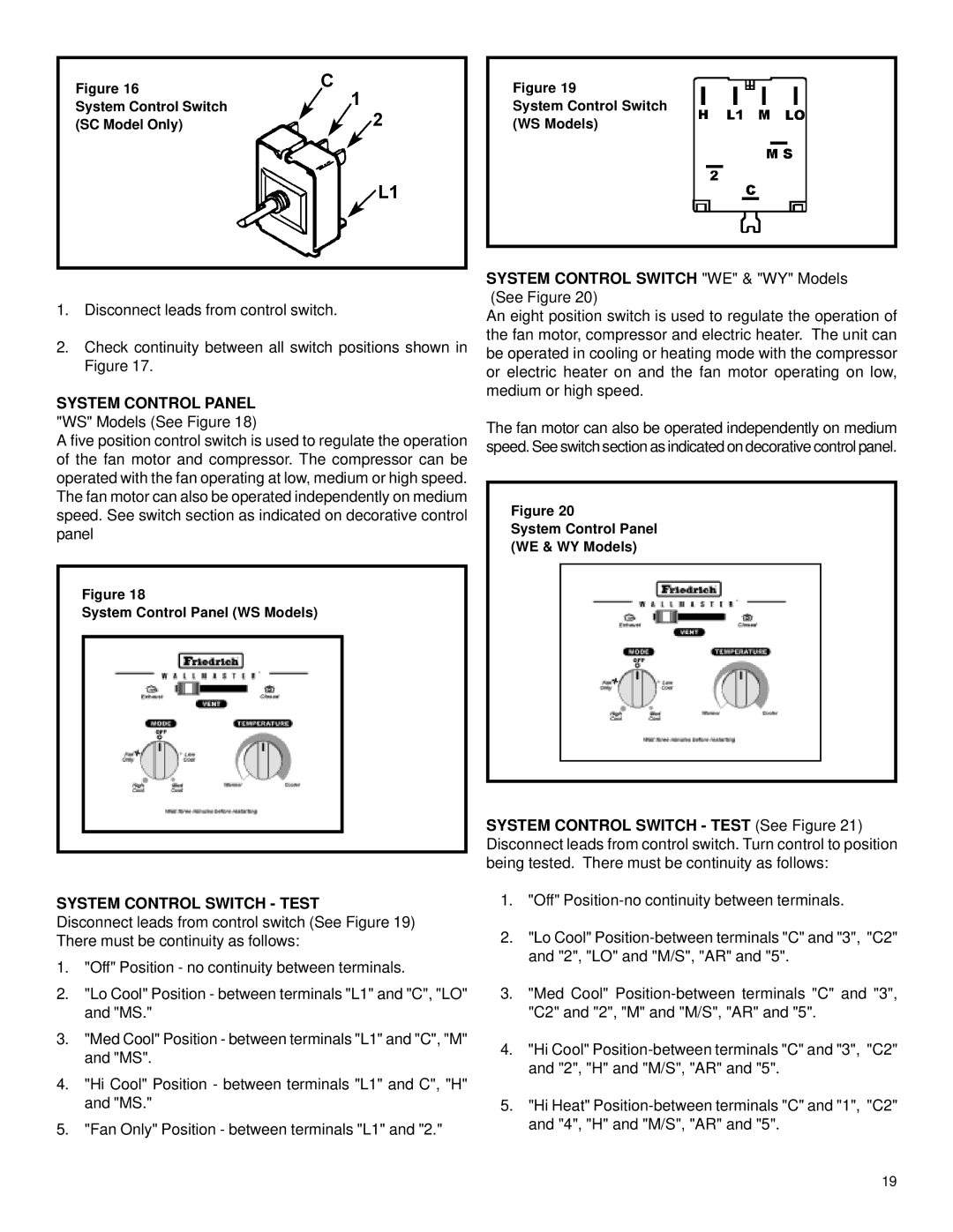 Friedrich 2003 service manual System Control Switch WE & WY Models See Figure, System Control Switch Test 