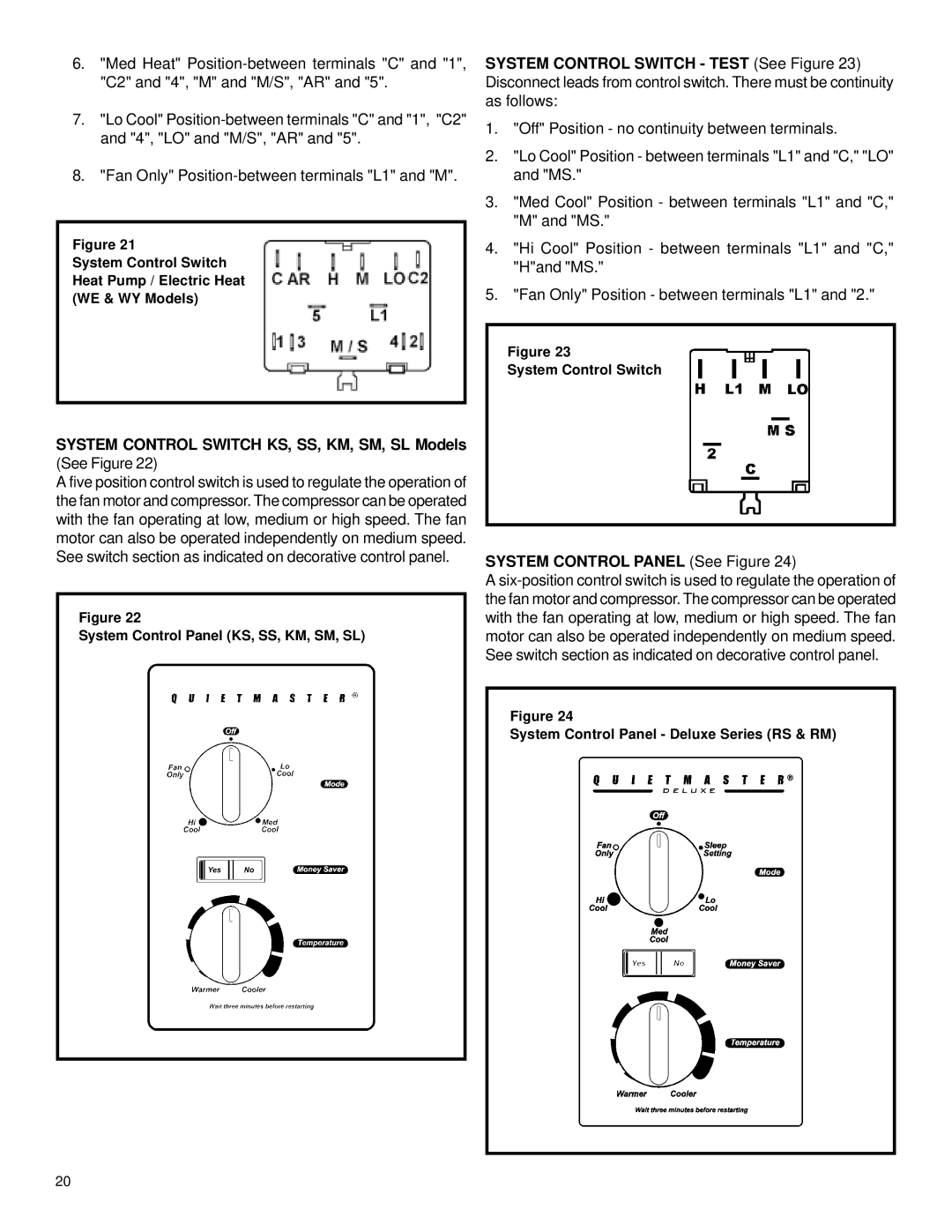 Friedrich 2003 service manual System Control Switch KS, SS, KM, SM, SL Models See Figure, System Control Panel See Figure 