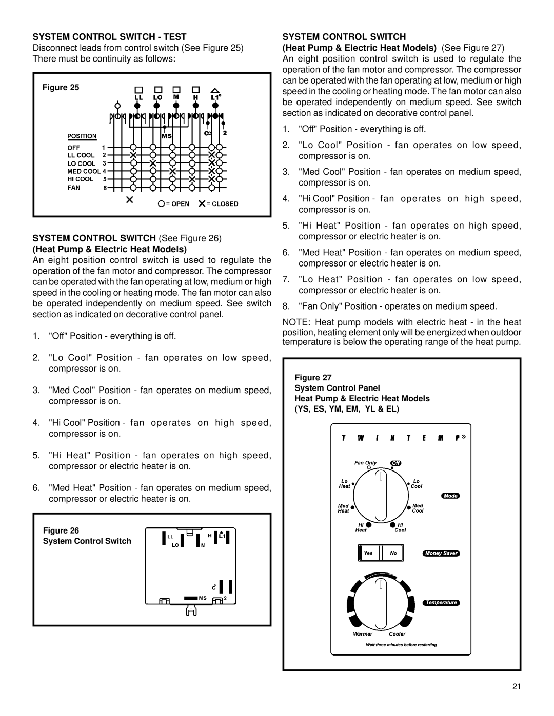 Friedrich 2003 service manual System Control Switch, Heat Pump & Electric Heat Models See Figure 