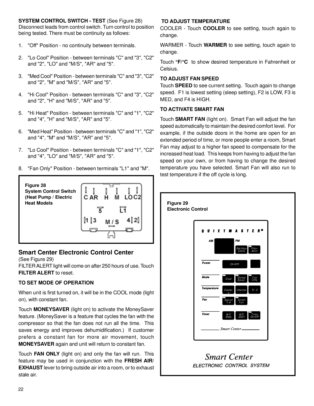 Friedrich 2003 service manual Smart Center Electronic Control Center, To SET Mode of Operation, To Adjust Temperature 