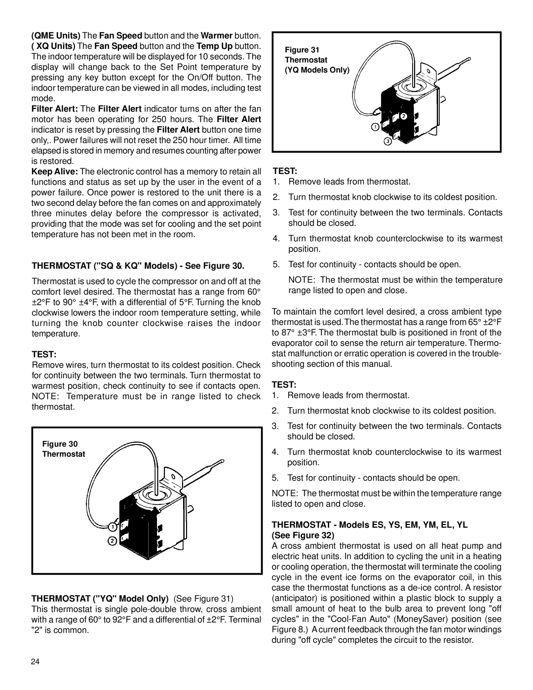 Friedrich 2003 service manual Test, Thermostat SQ & KQ Models See Figure, Thermostat YQ Model Only See Figure 