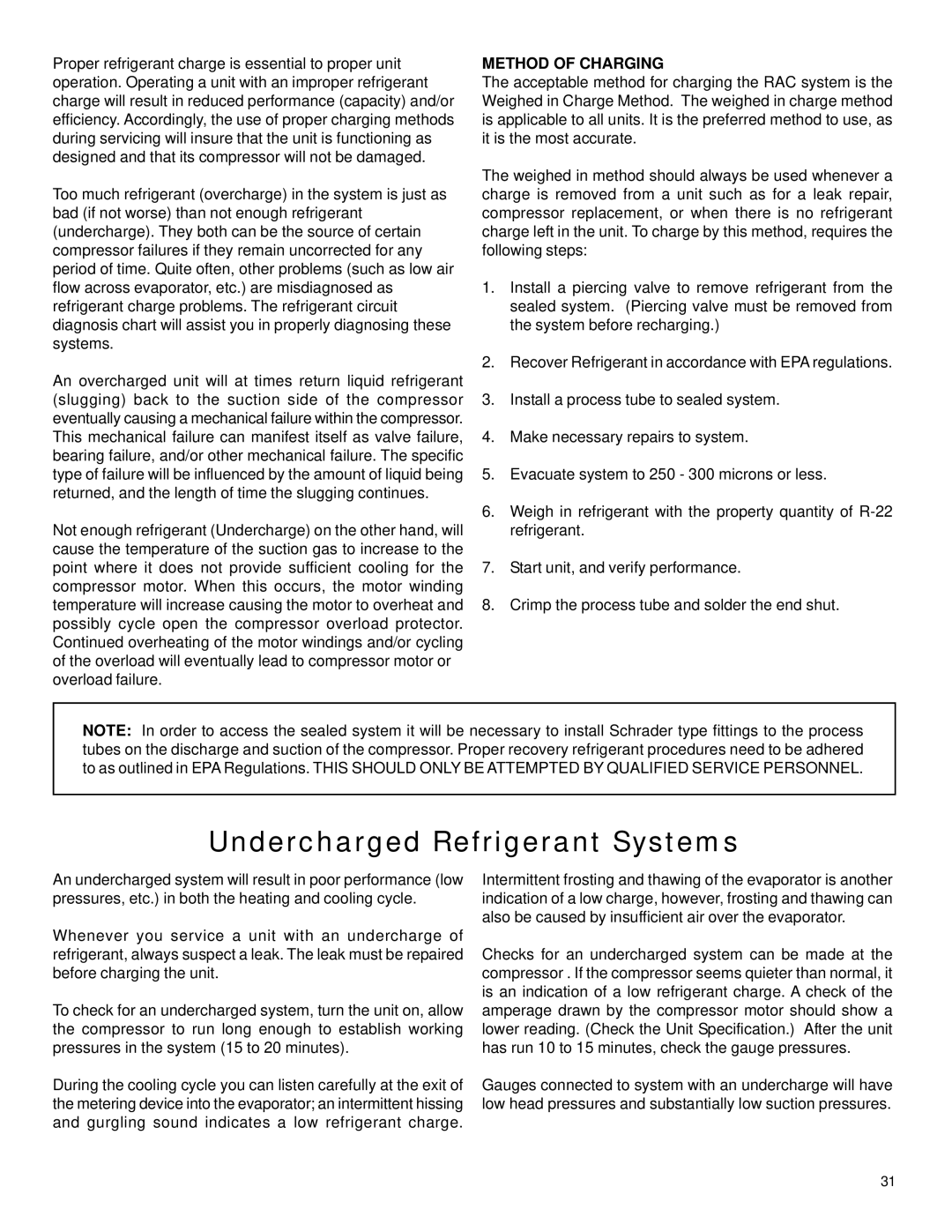 Friedrich 2003 service manual Undercharged Refrigerant Systems, Method of Charging 