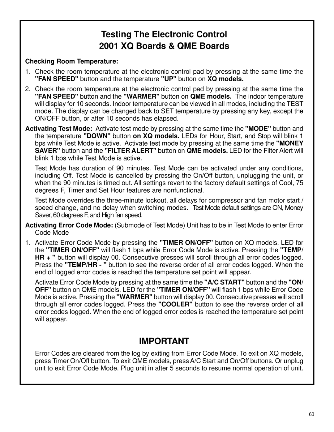 Friedrich 2003 service manual Testing The Electronic Control XQ Boards & QME Boards, Checking Room Temperature 