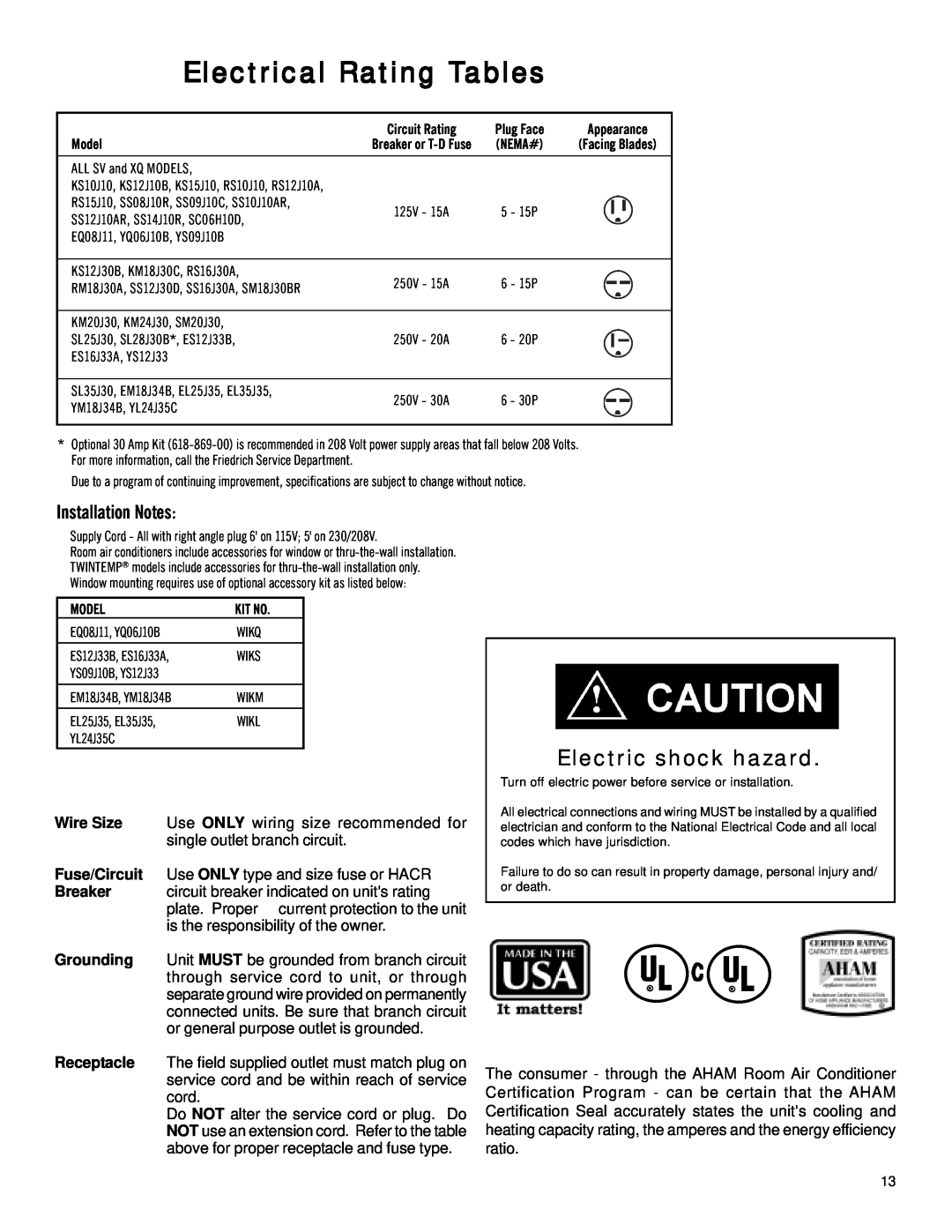Friedrich 2003 Electrical Rating Tables, Electric shock hazard, Installation Notes, Wire Size, Fuse/Circuit, Breaker 