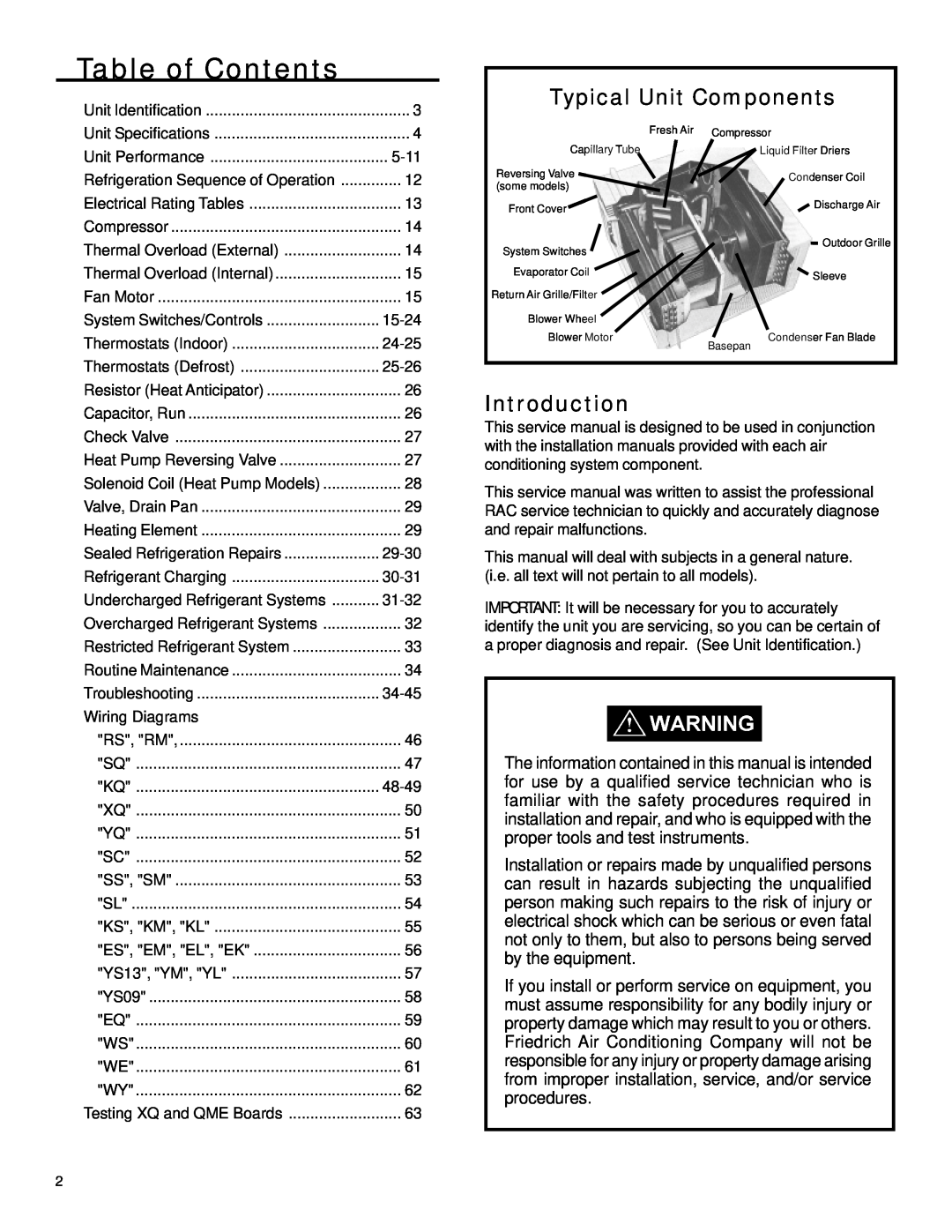Friedrich 2003 service manual Table of Contents, Typical Unit Components, Introduction 