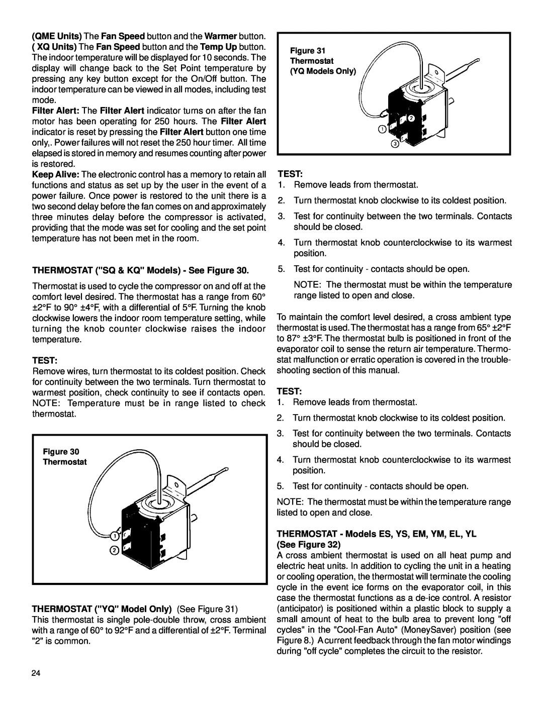 Friedrich 2003 service manual Test, THERMOSTAT SQ & KQ Models - See Figure, THERMOSTAT YQ Model Only See Figure 