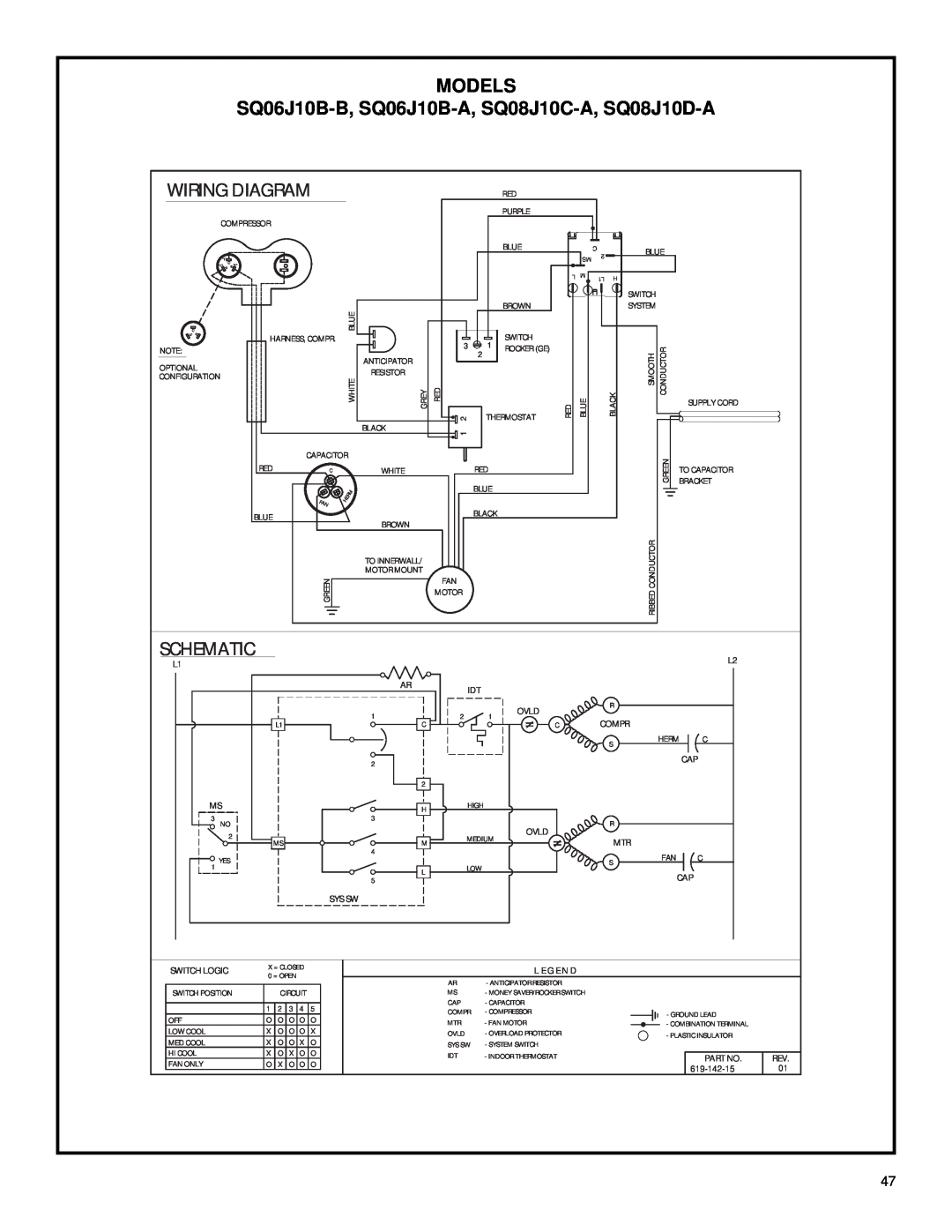 Friedrich 2003 service manual Models, SQ06J10B-B, SQ06J10B-A, SQ08J10C-A, SQ08J10D-A, Wiring Diagram, Schematic 