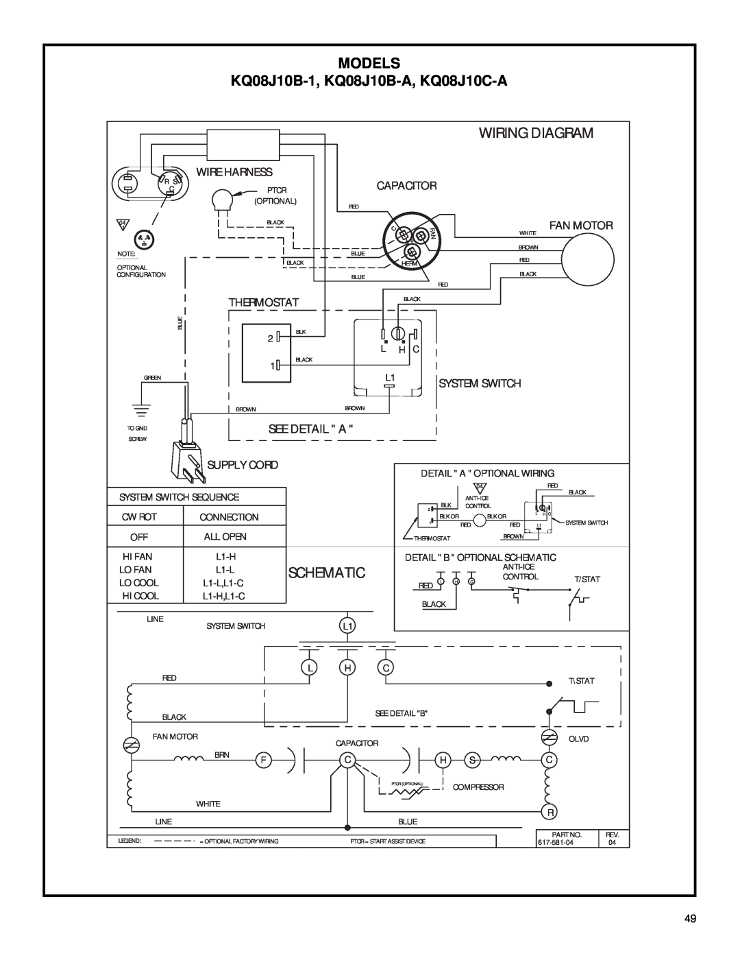 Friedrich 2003 KQ08J10B-1, KQ08J10B-A, KQ08J10C-A, Wiring Diagram, Models, Schematic, See Detail A, Fan Motor, Thermostat 