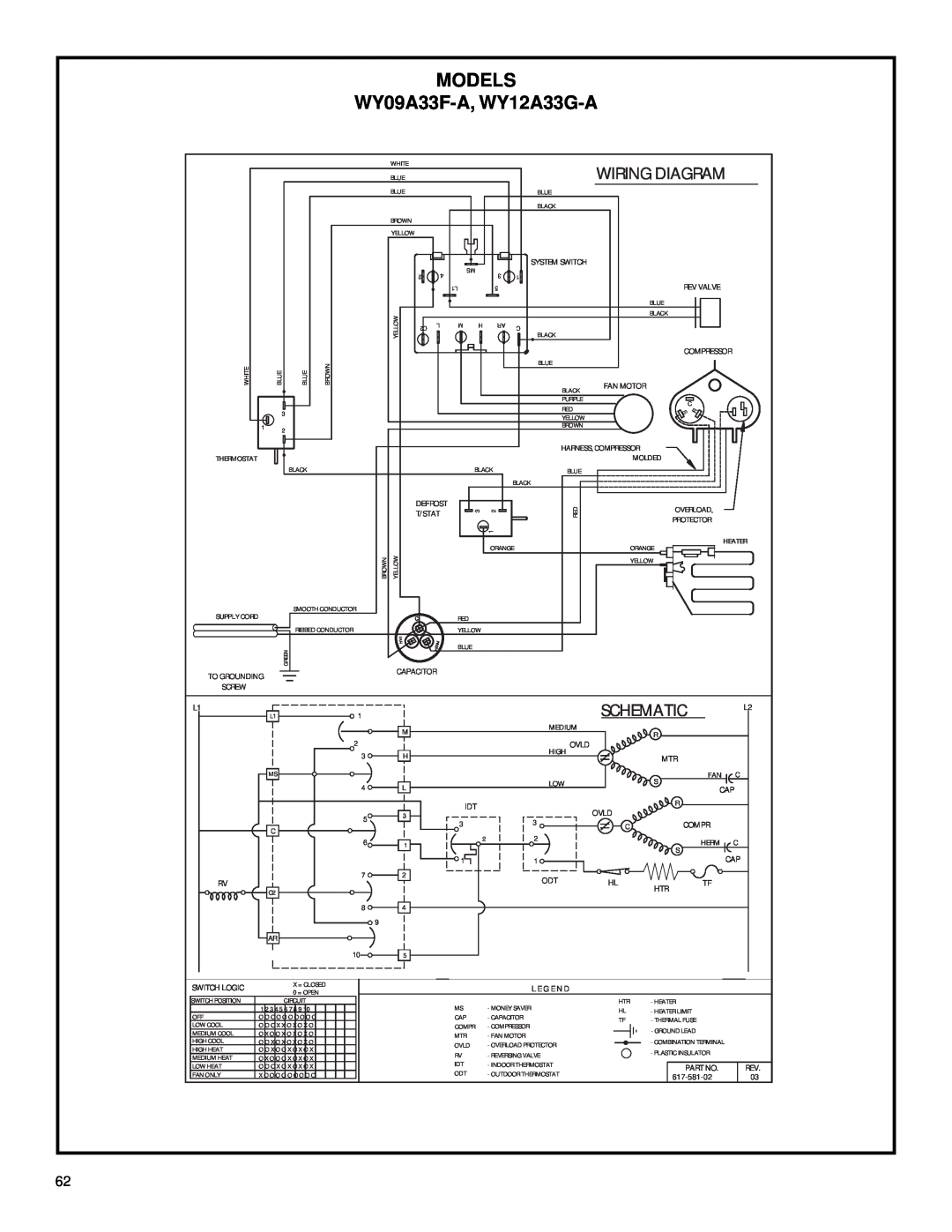 Friedrich 2003 service manual WY09A33F-A, WY12A33G-A, Models, Wiring Diagram, Schematic 