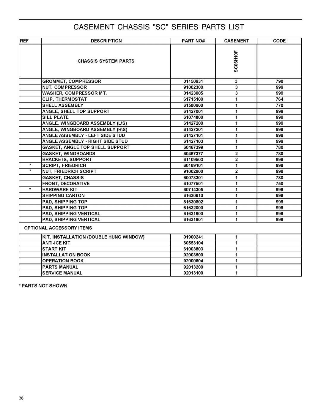 Friedrich 2004 manual Description Part NO# Casement Code Chassis System Parts 