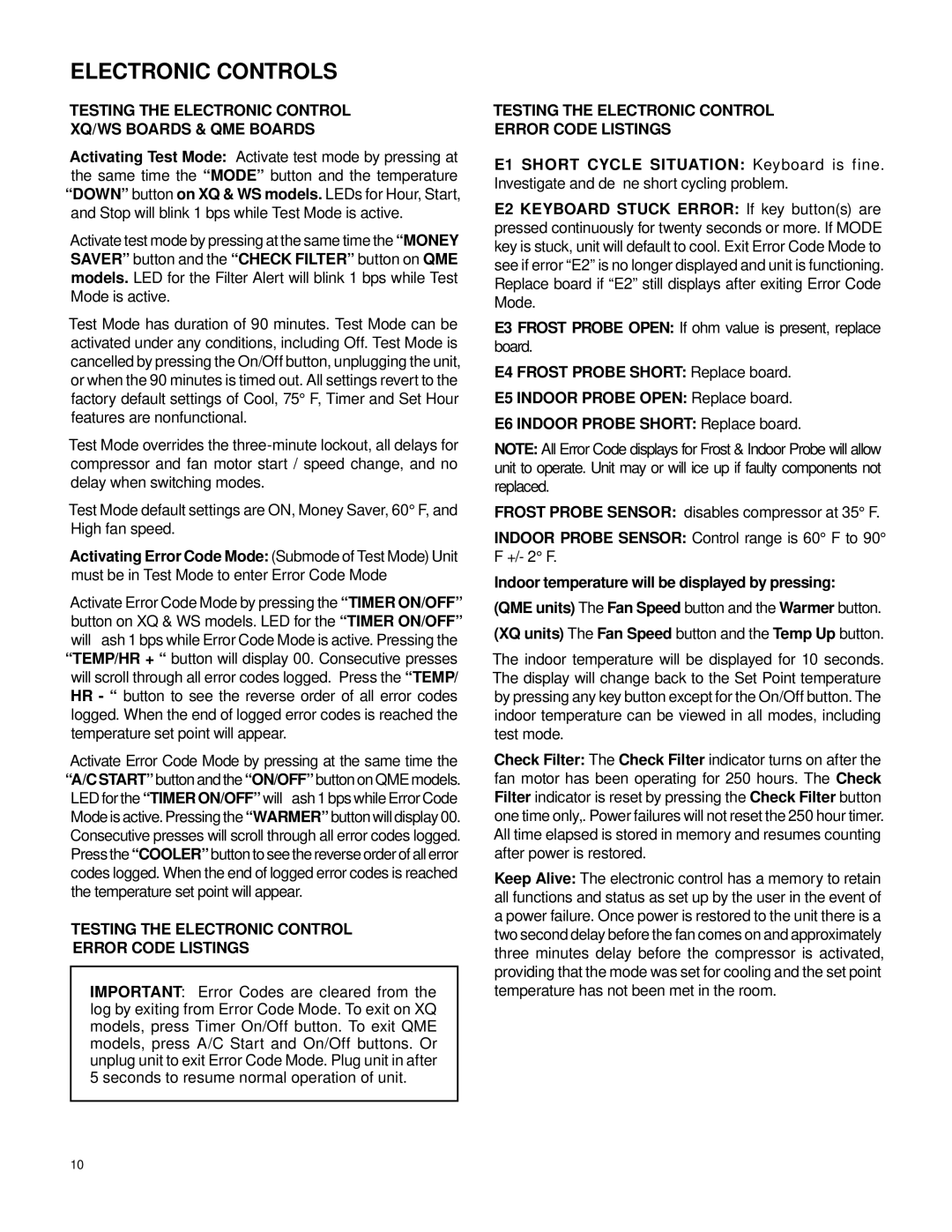 Friedrich 2007 service manual Testing the Electronic Control XQ/WS Boards & QME Boards 