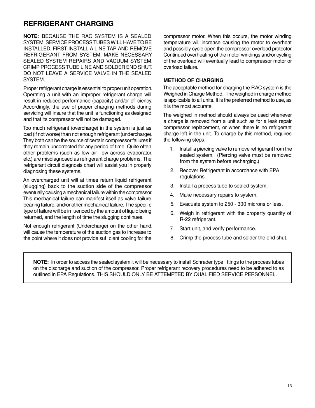 Friedrich 2007 service manual Refrigerant Charging, Method of Charging 