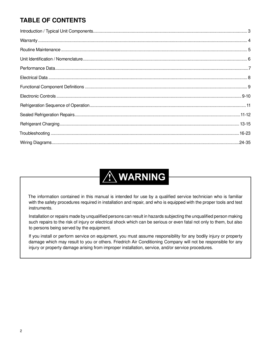 Friedrich 2007 service manual Table of Contents 