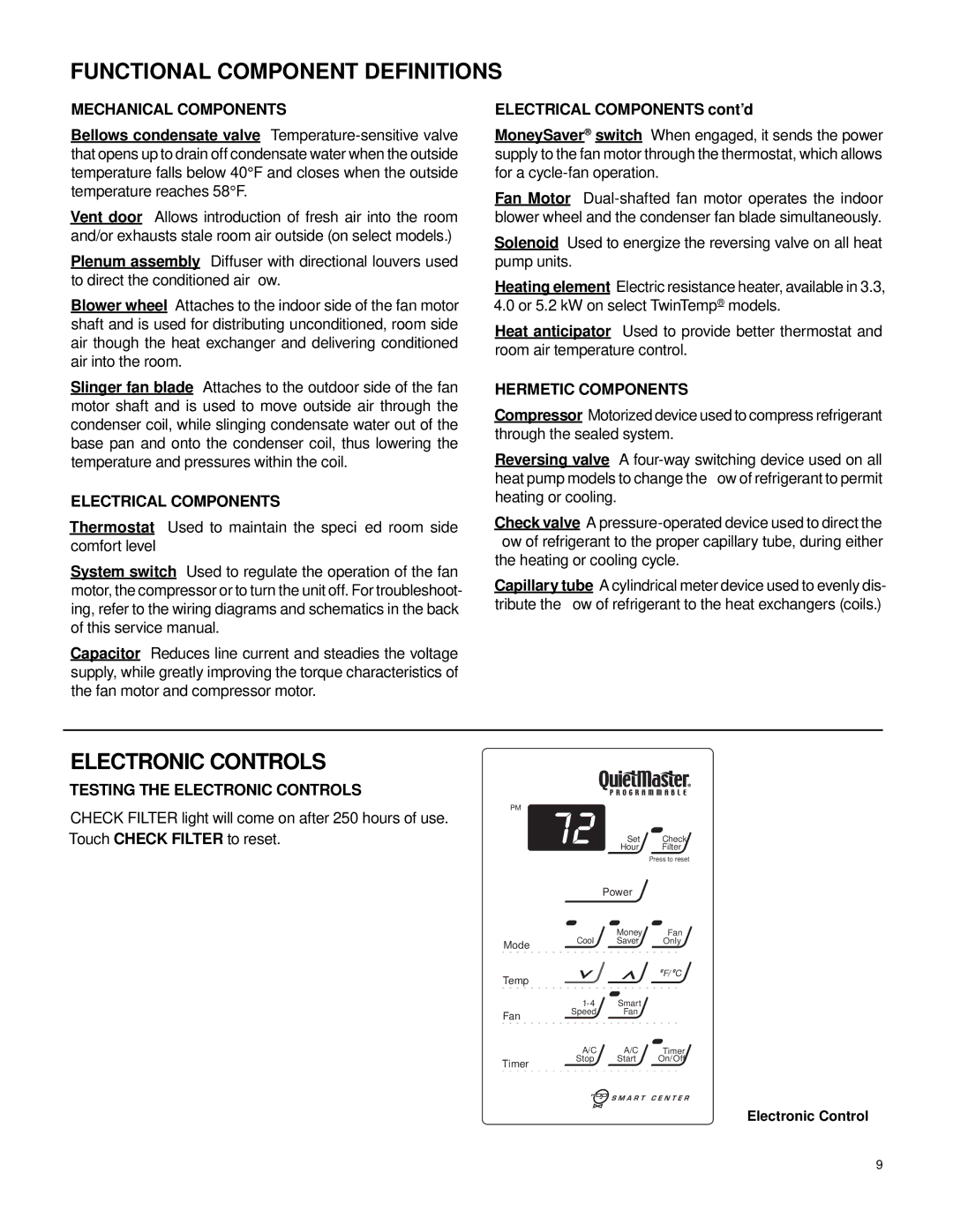 Friedrich 2007 service manual Functional Component Definitions, Electronic Controls 