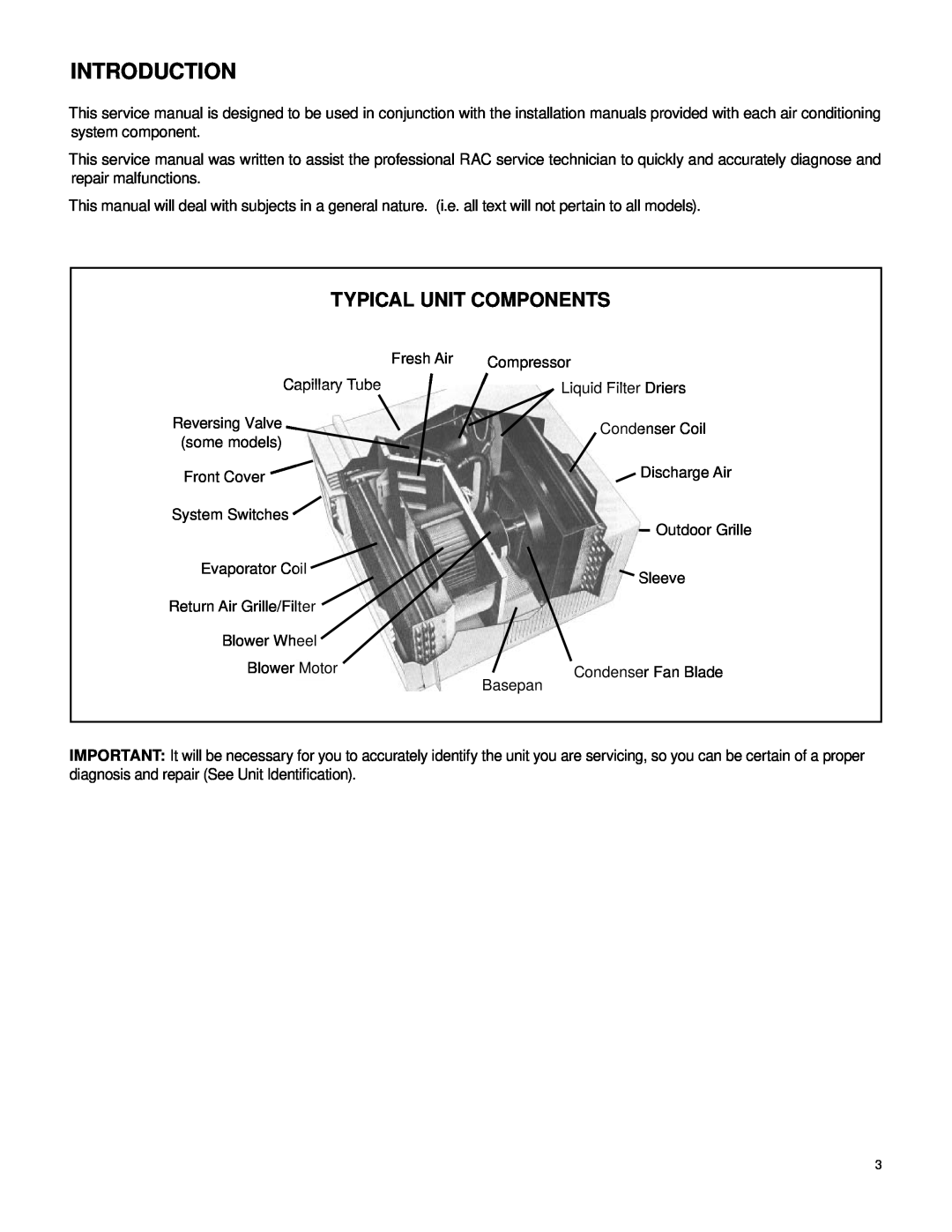 Friedrich 2007 service manual Introduction, Typical Unit Components 