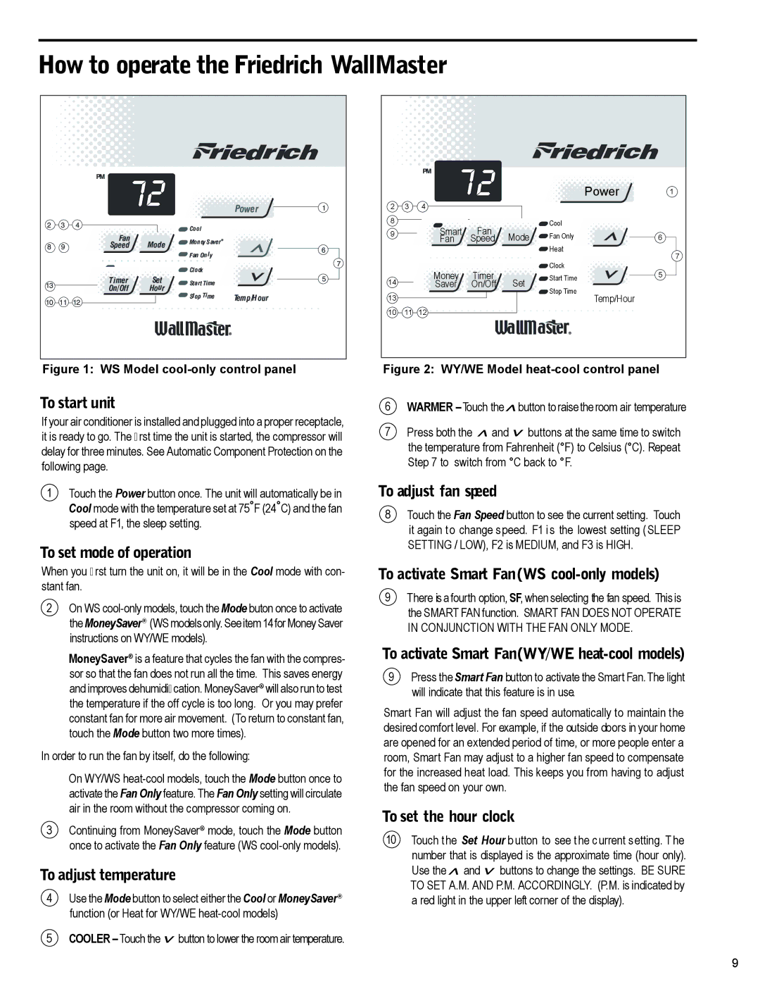 Friedrich 2009, 2008 service manual How to operate the Friedrich WallMaster 