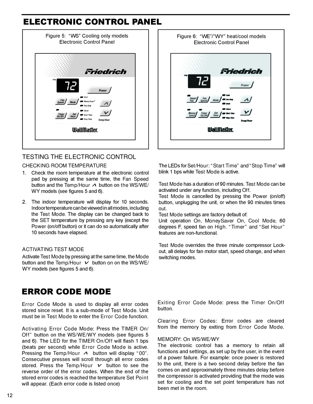 Friedrich 2008, 2009 Electronic Control Panel, Error Code Mode, Testing the Electronic Control, Checking Room Temperature 