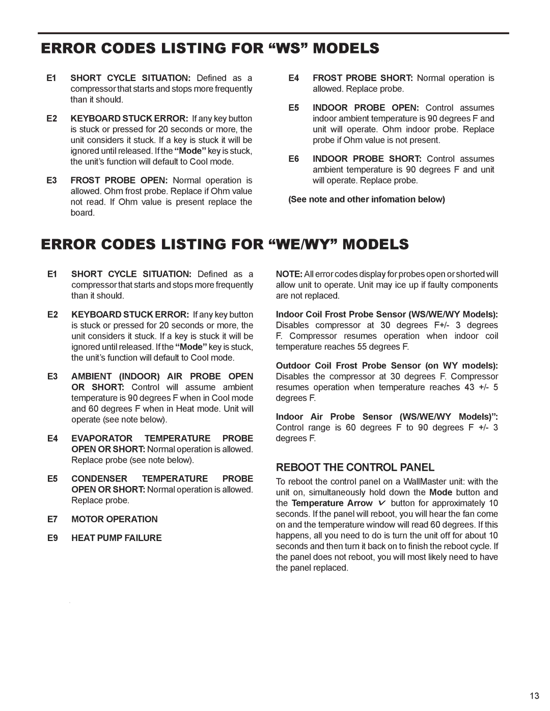 Friedrich 2009, 2008 Error Codes Listing for WS Models, Error Codes Listing for WE/WY Models, Reboot the Control Panel 