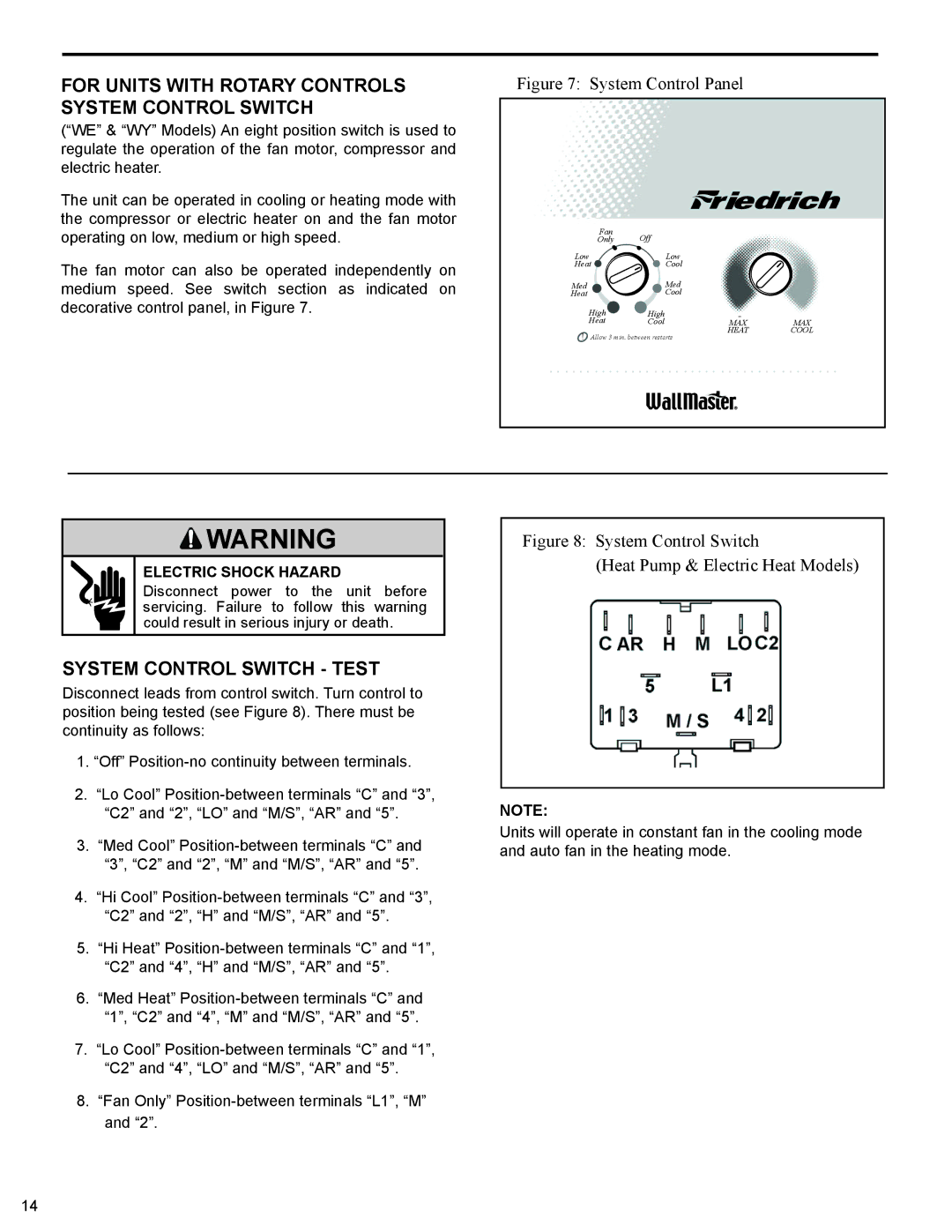 Friedrich 2008, 2009 service manual For Units with Rotary Controls System Control Switch, System Control Switch Test 