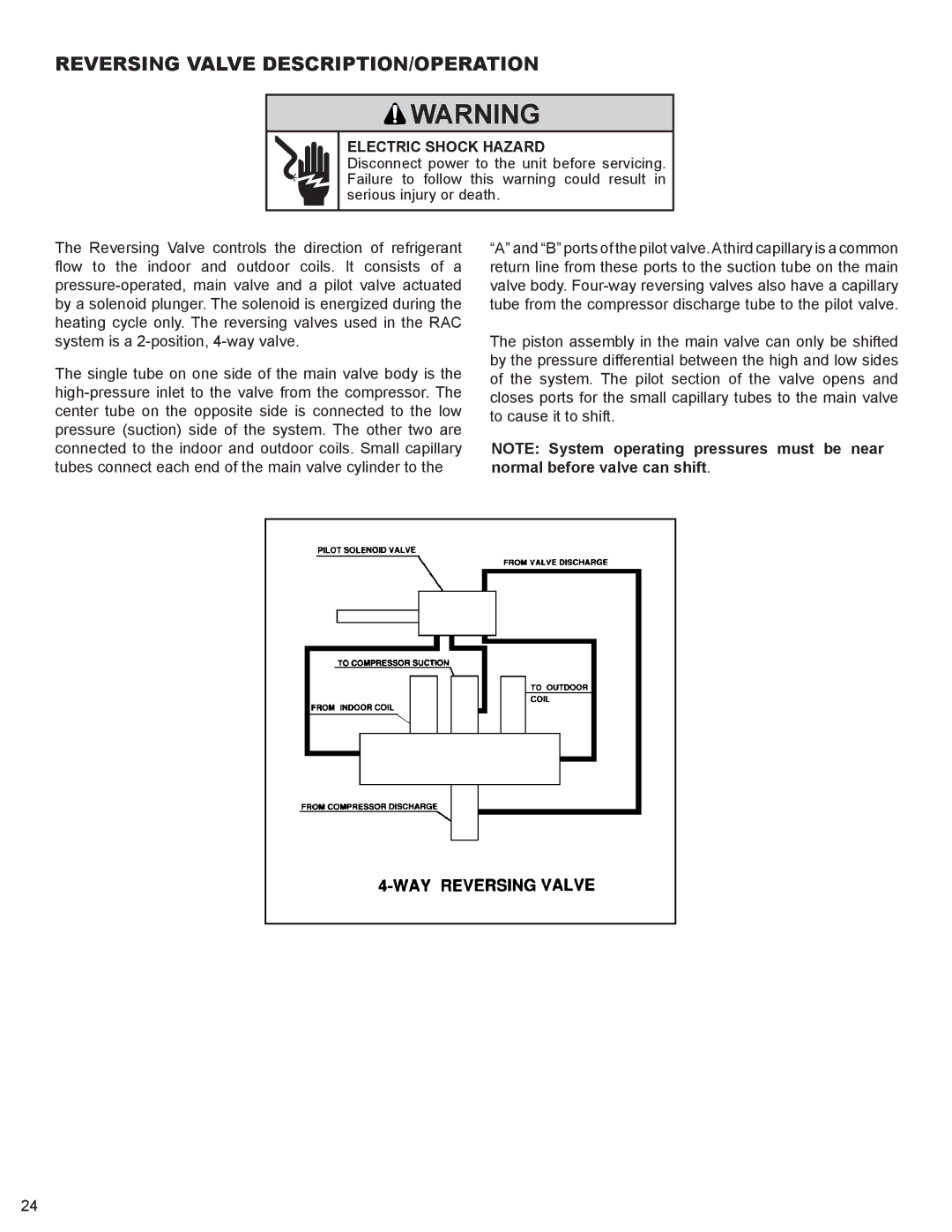 Friedrich 2008, 2009 service manual Reversing Valve DESCRIPTION/OPERATION, Electric Shock Hazard 