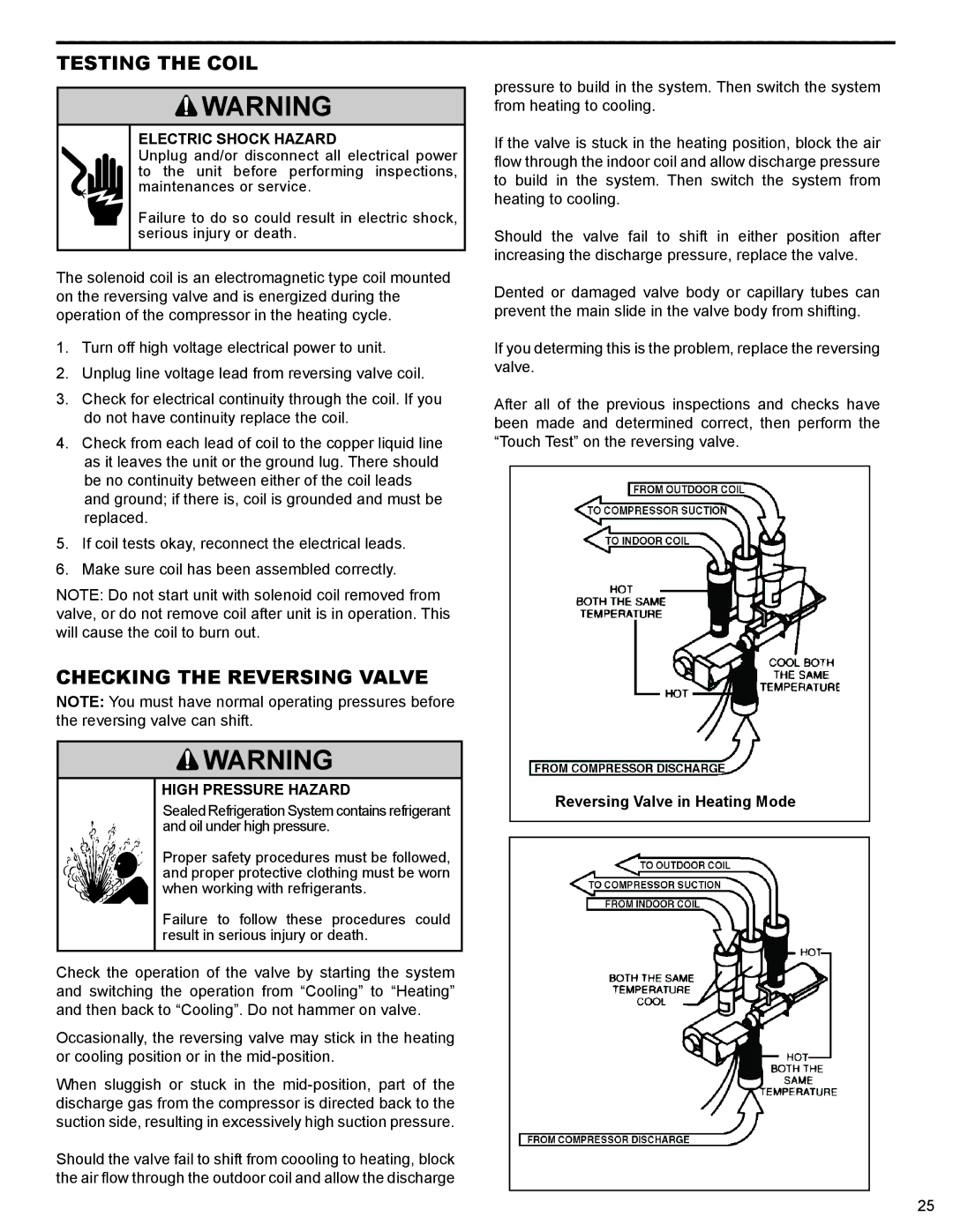 Friedrich 2009, 2008 service manual Testing the Coil, Checking the Reversing Valve 