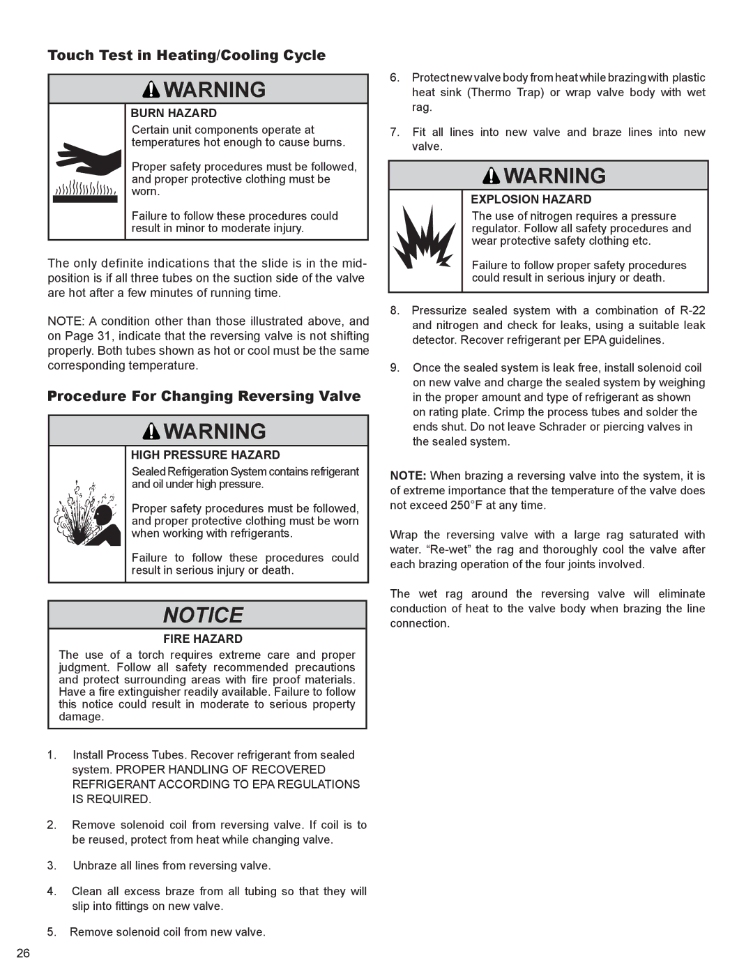 Friedrich 2008, 2009 Touch Test in Heating/Cooling Cycle, Procedure For Changing Reversing Valve, Explosion Hazard 