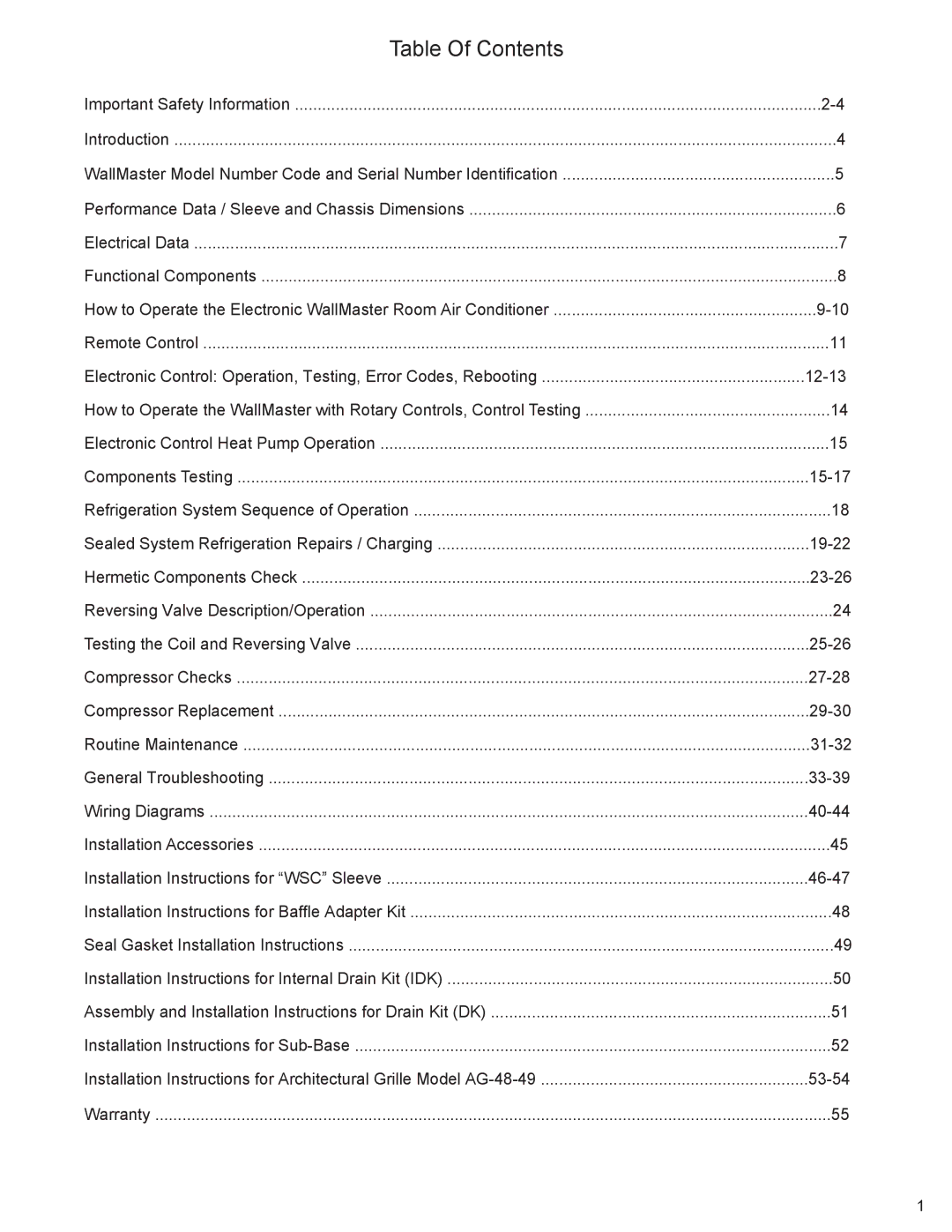 Friedrich 2009, 2008 service manual Table Of Contents 