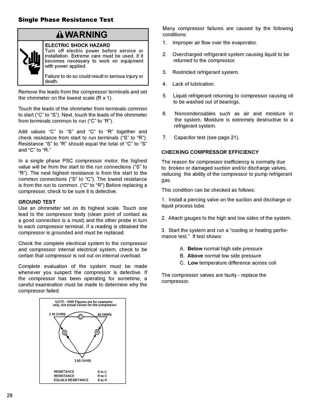 Friedrich 2008, 2009 service manual Single Phase Resistance Test, Ground Test, Checking Compressor Efficiency 