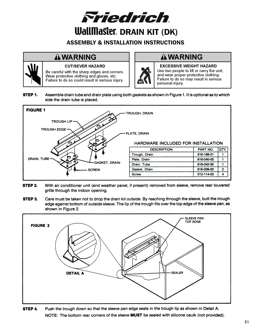 Friedrich 2009, 2008 service manual Excessive Weight Hazard 