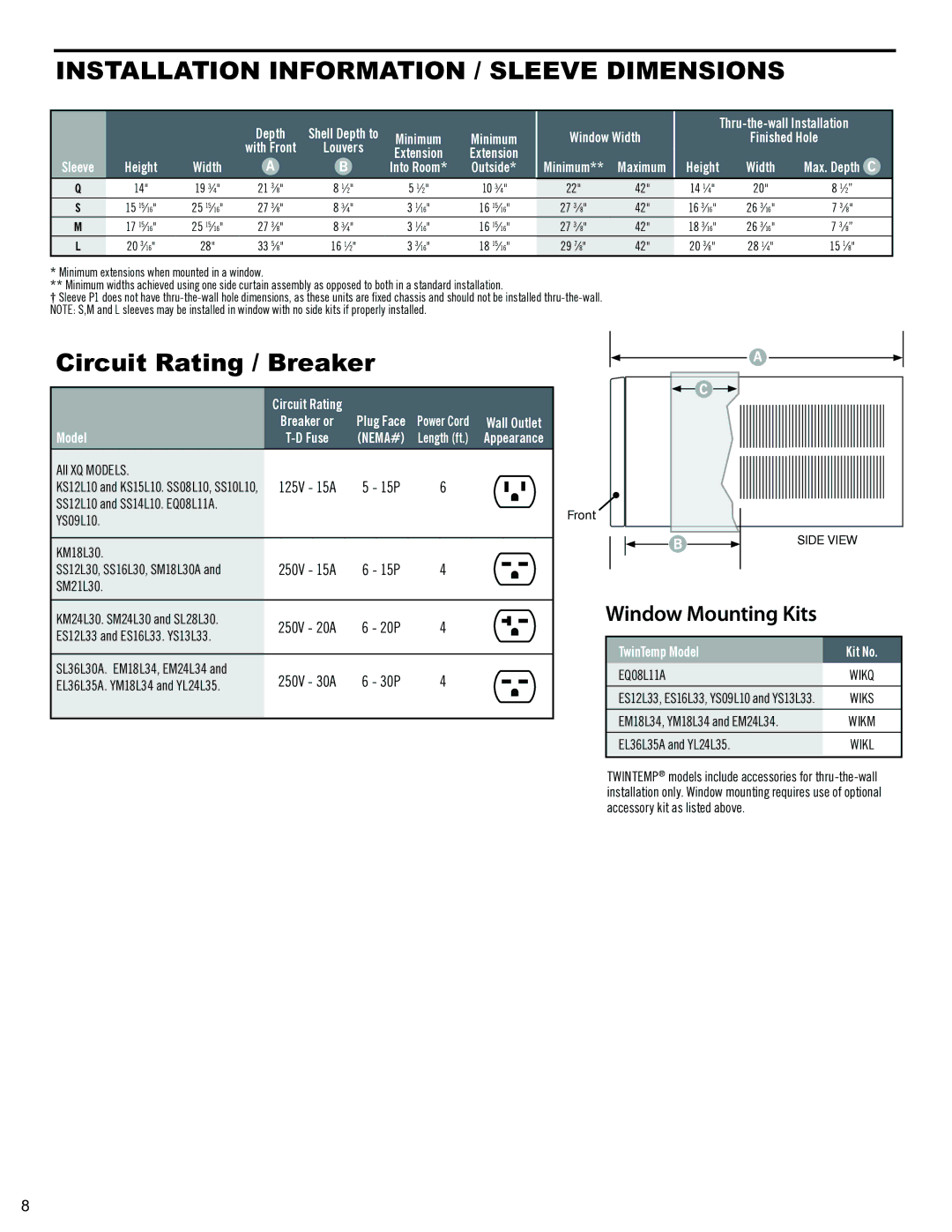 Friedrich 2008, 2009 service manual Installation information / sleeve dimensions 