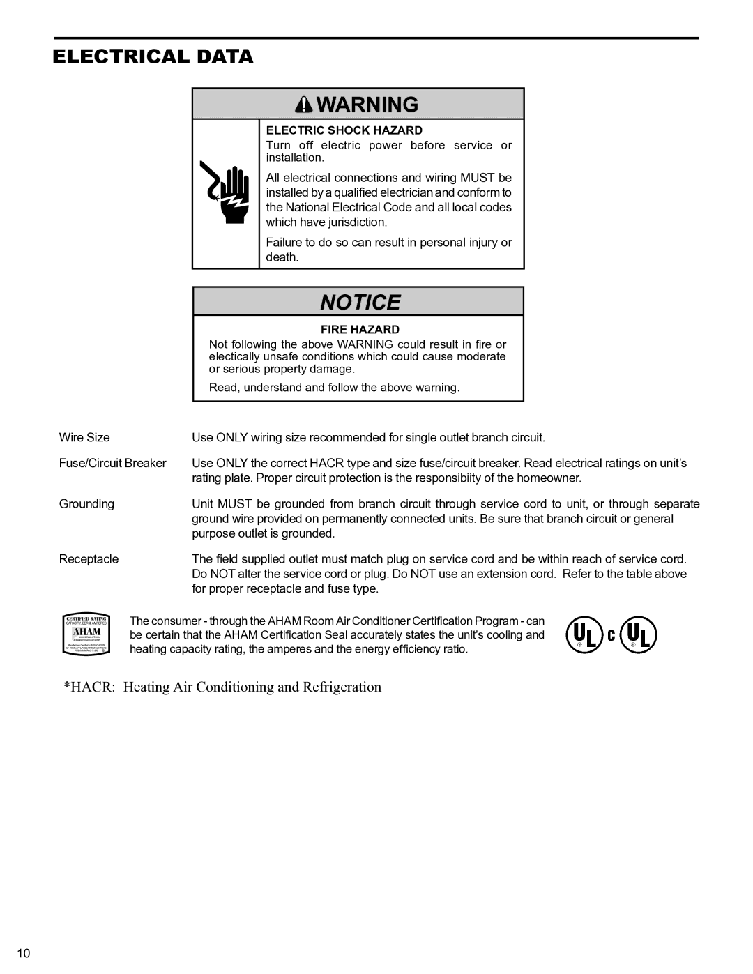 Friedrich 2008, 2009 service manual Electric Shock Hazard, Fire Hazard 