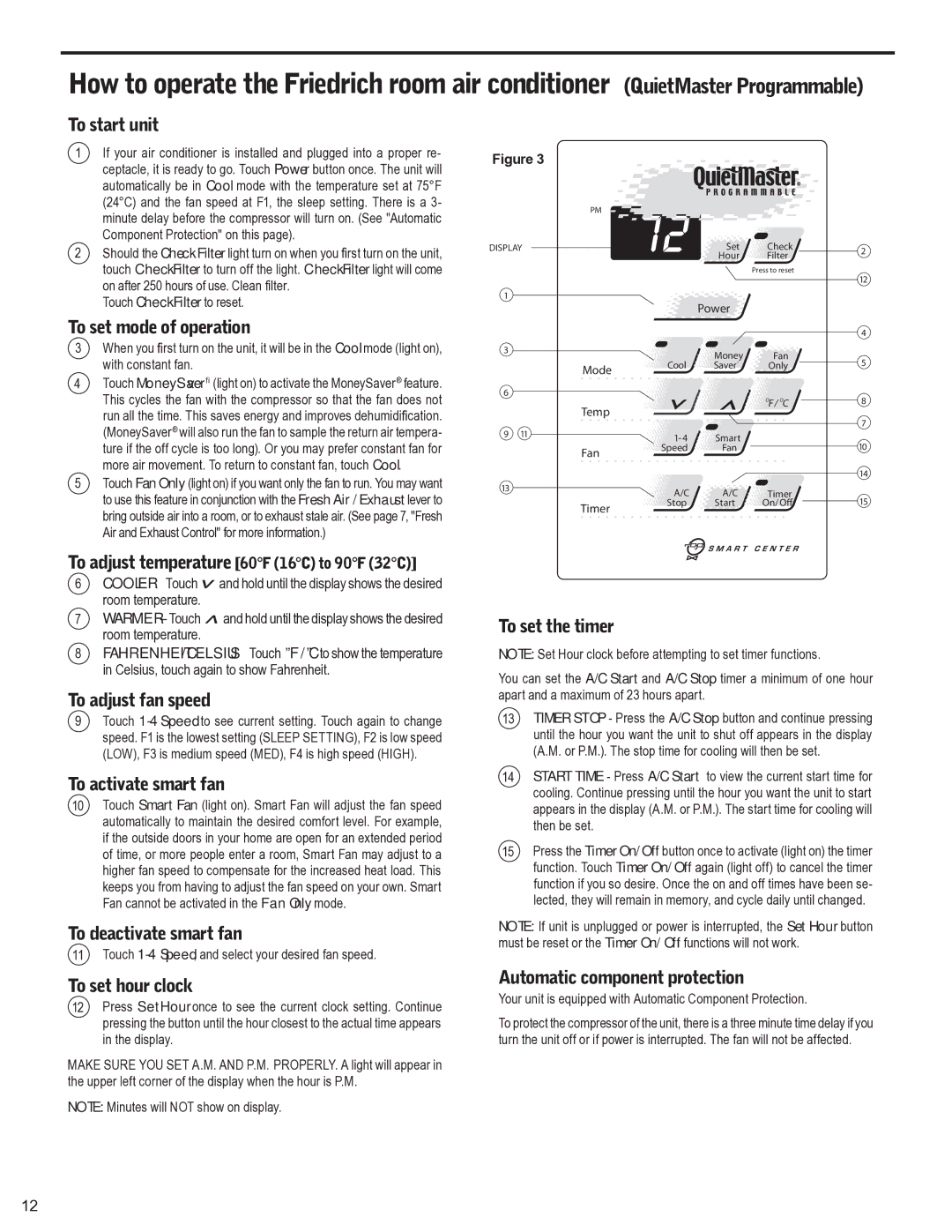 Friedrich 2008, 2009 service manual To start unit, To adjust temperature 60F 16C to 90F 32C 