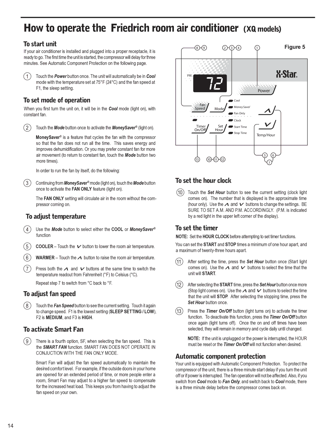 Friedrich 2008, 2009 service manual How to operate the Friedrich room air conditioner XQ models 