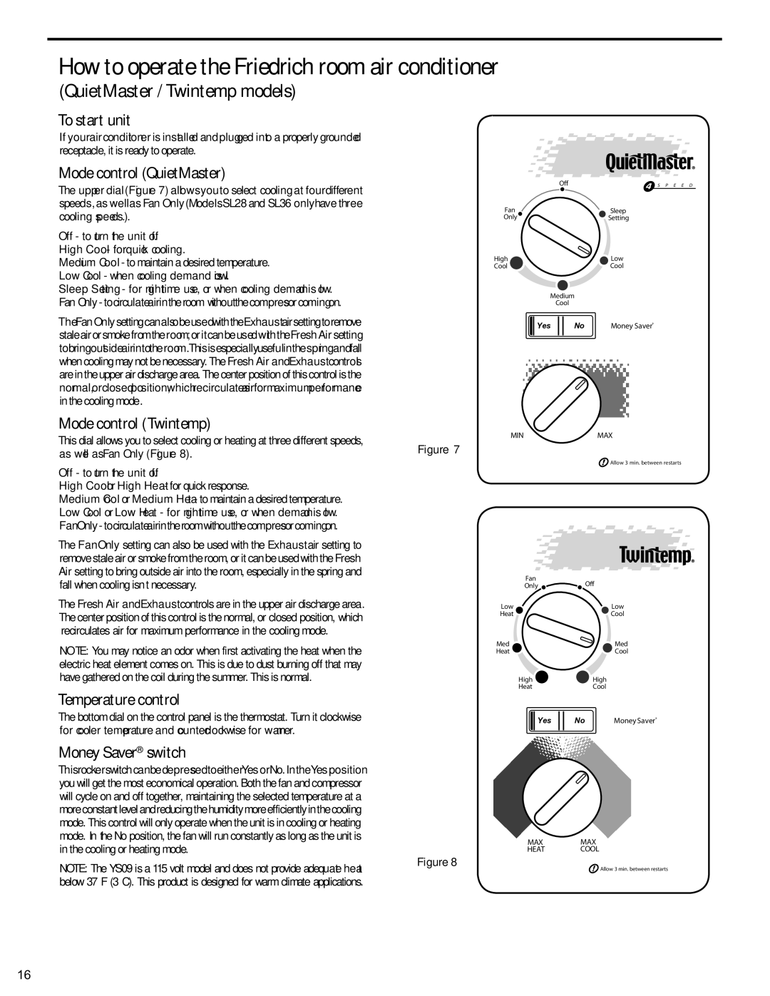 Friedrich 2008, 2009 service manual How to operate the Friedrich room air conditioner 