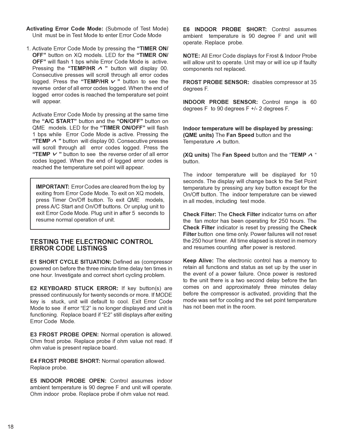 Friedrich 2008, 2009 service manual Testing the Electronic Control Error Code Listings 