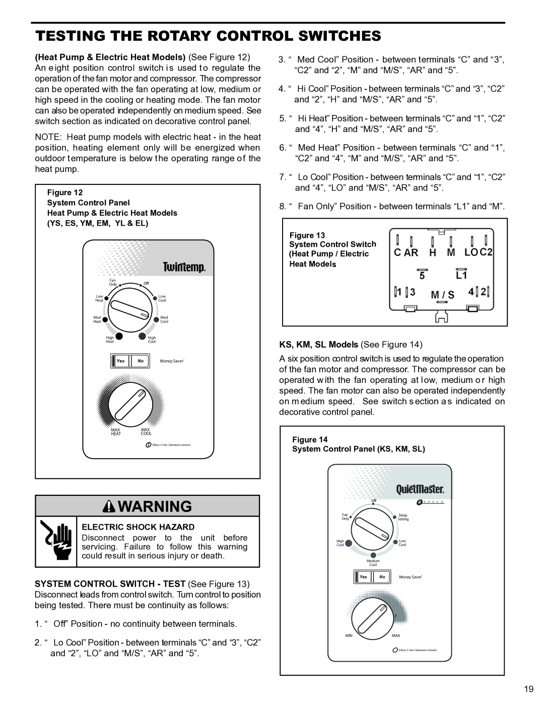 Friedrich 2009, 2008 service manual Testing the Rotary Control Switches, KS, KM, SL Models See Figure 