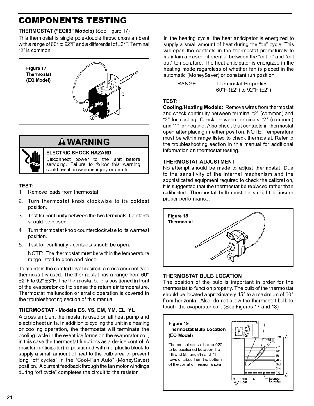 Friedrich 2009, 2008 service manual Components Testing, Thermostat Adjustment, Thermostat Bulb Location 