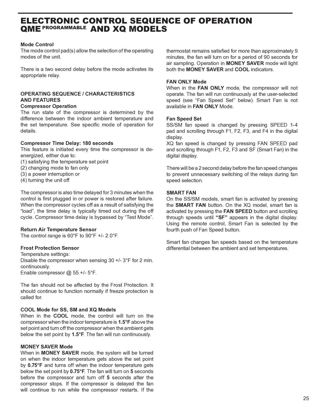 Friedrich 2009, 2008 service manual Operating Sequence / Characteristics and Features, Smart FAN 