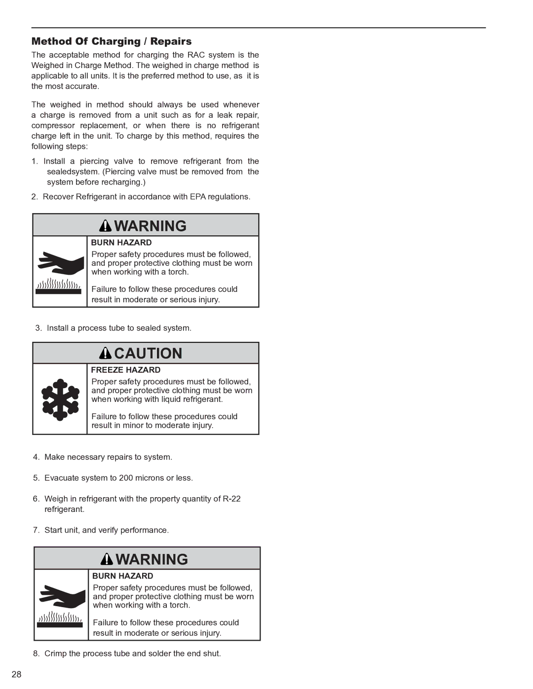 Friedrich 2008, 2009 service manual Method Of Charging / Repairs, Burn Hazard, Freeze Hazard 