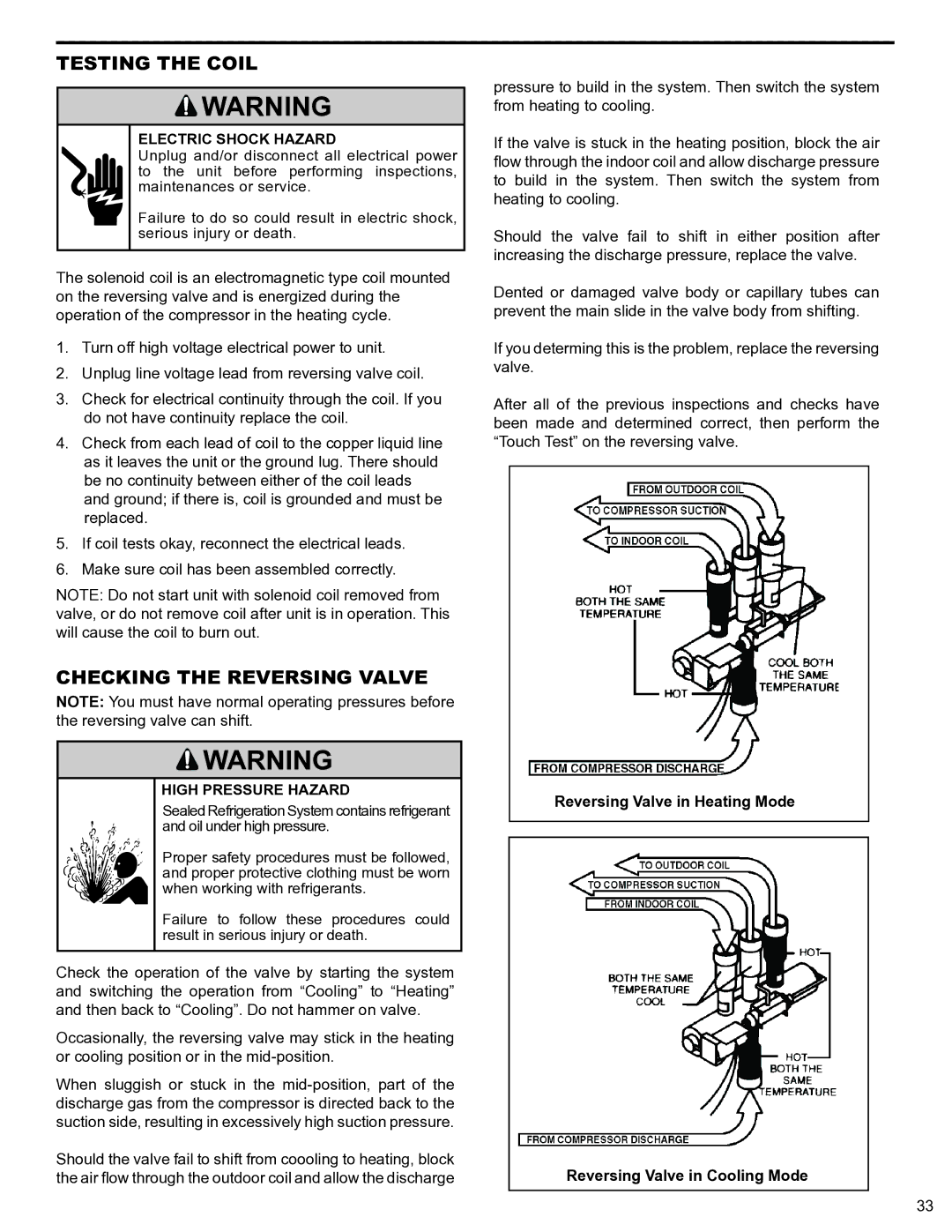 Friedrich 2009, 2008 service manual Testing the Coil, Checking the Reversing Valve 