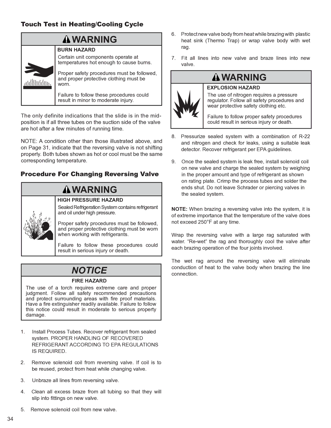 Friedrich 2008, 2009 Touch Test in Heating/Cooling Cycle, Procedure For Changing Reversing Valve, Explosion Hazard 