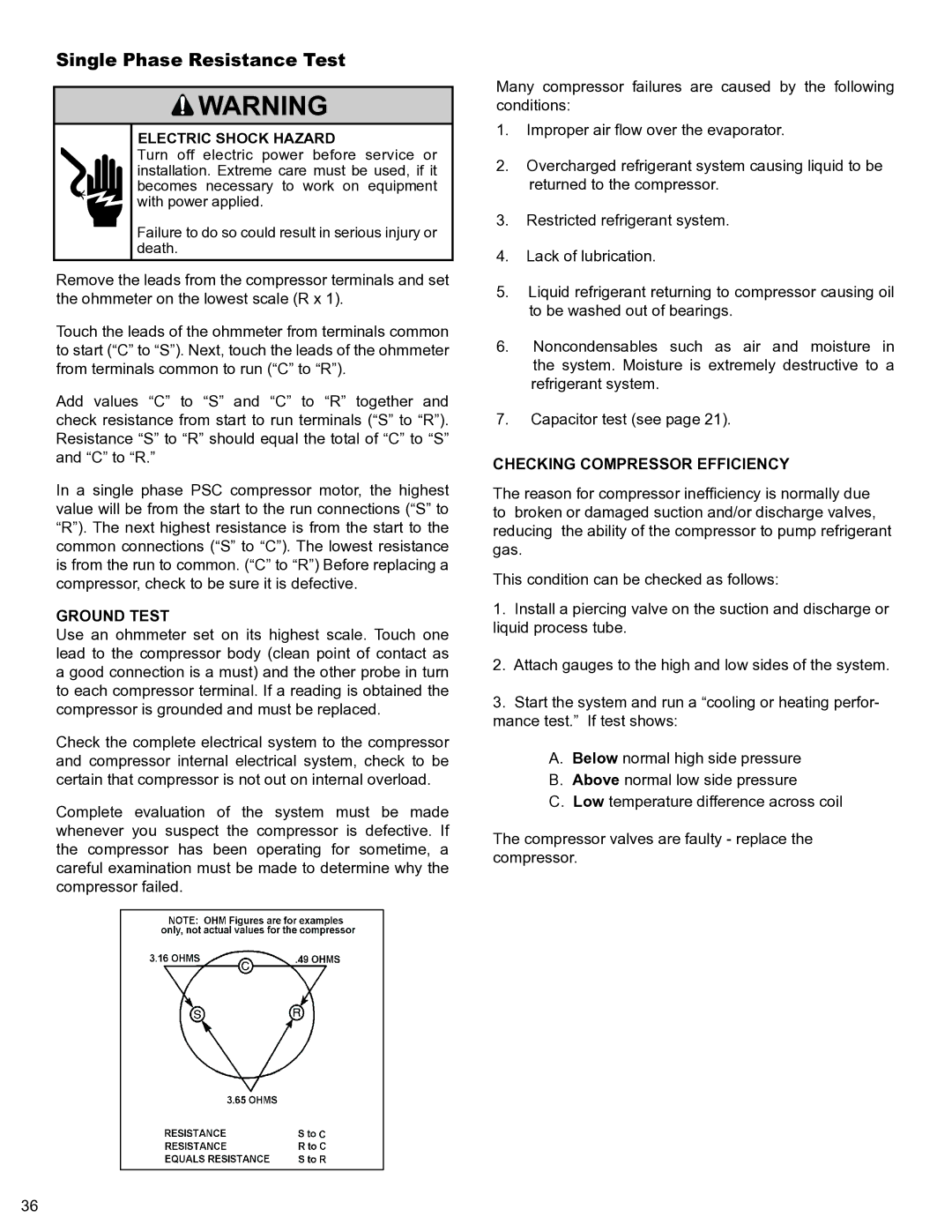 Friedrich 2008, 2009 service manual Single Phase Resistance Test, Ground Test, Checking Compressor Efficiency 