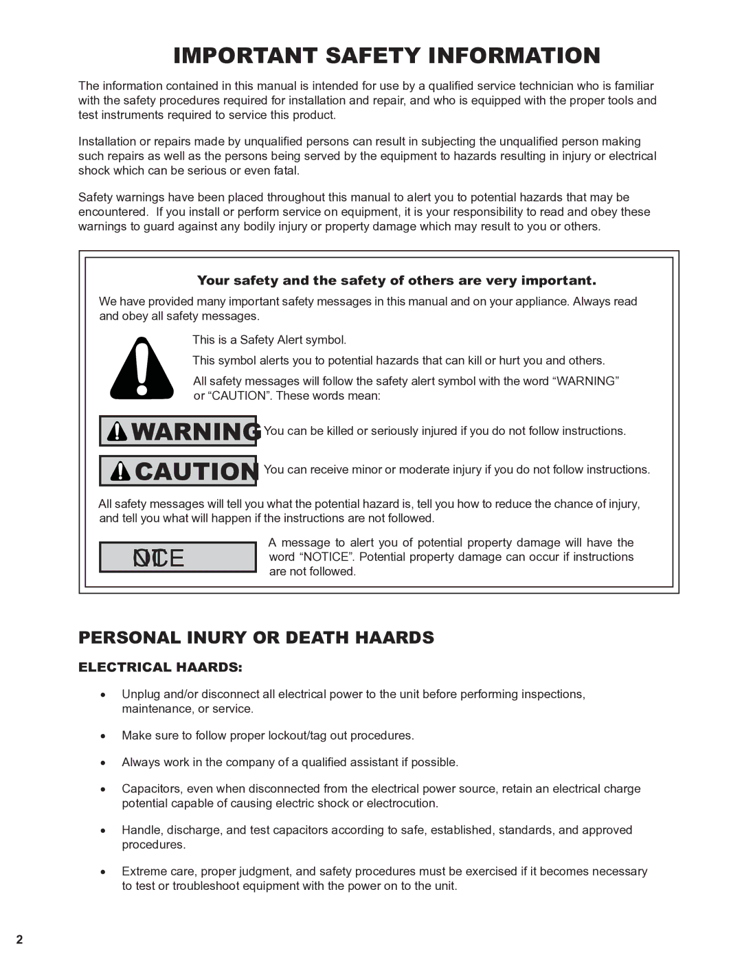 Friedrich 2008, 2009 service manual Important Safety Information, Your safety and the safety of others are very important 