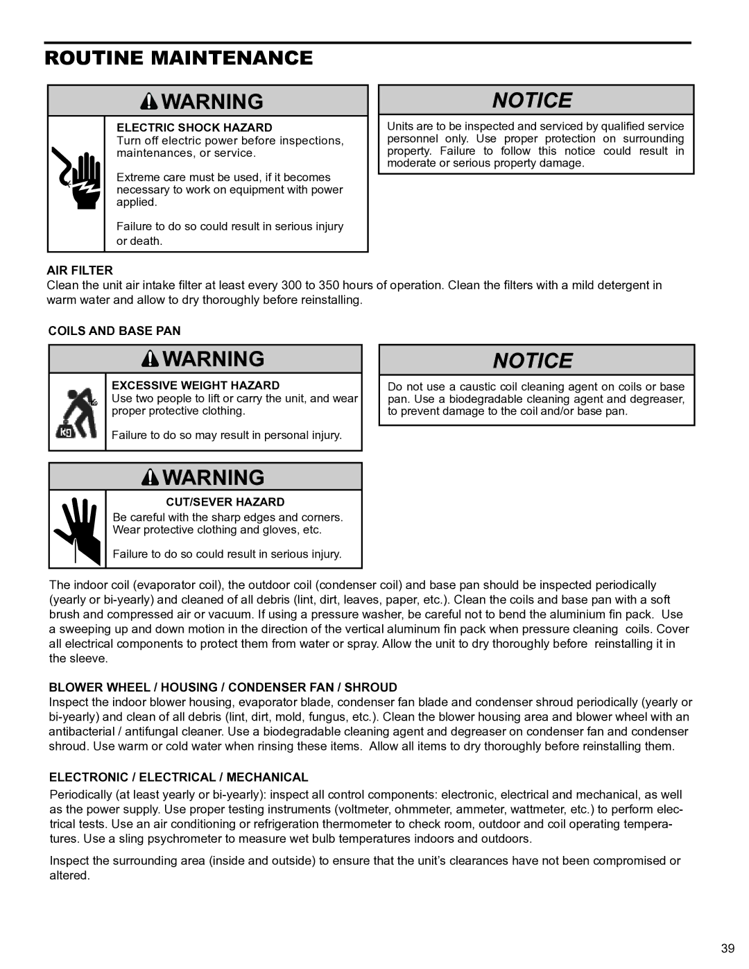 Friedrich 2009, 2008 service manual Routine Maintenance, AIR Filter, Coils and Base PAN Excessive Weight Hazard 